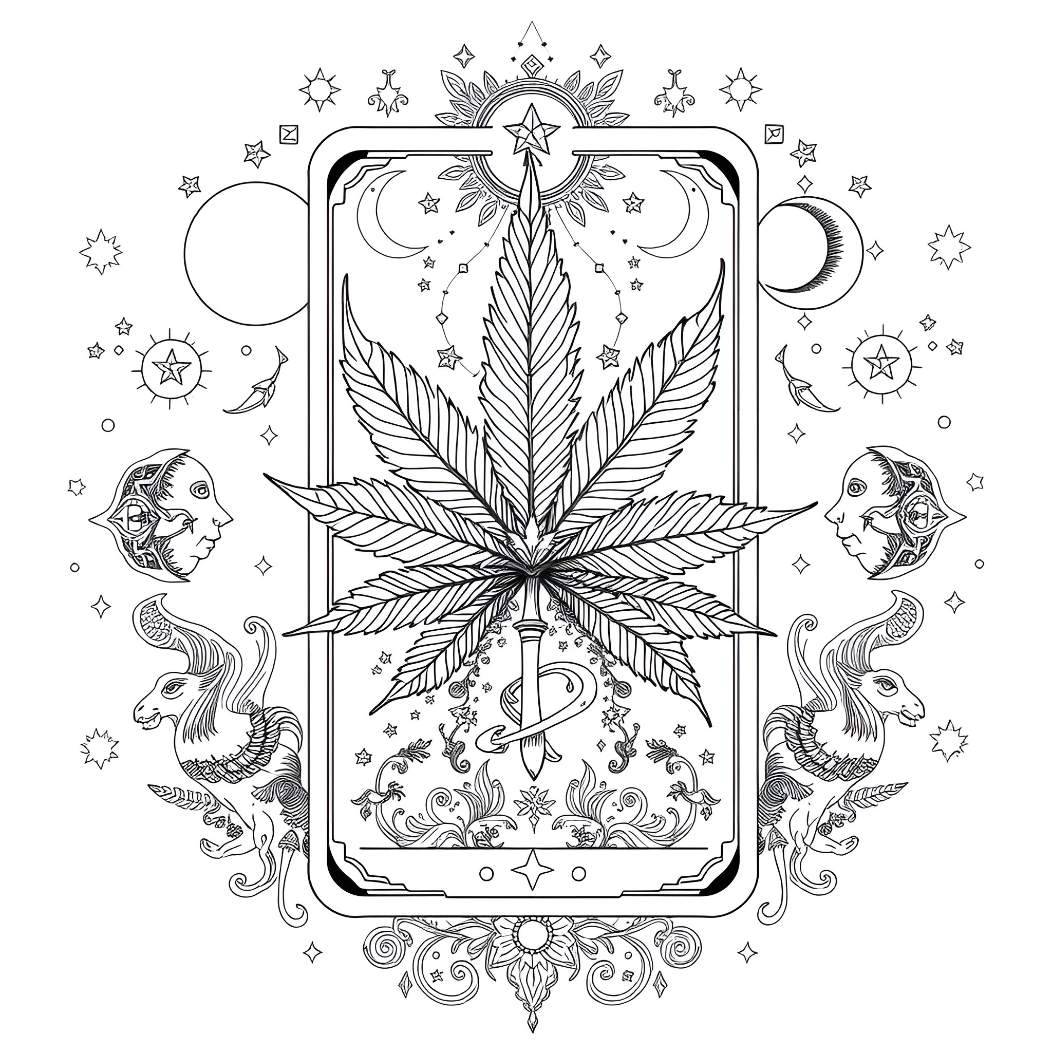 Cannabis: Mystical Leaf Imagery with Celestial Accents Coloring Page (free black-and-white line drawing printable PDF for all, from beginners to advanced learners, including children, teens, adults, and seniors)
