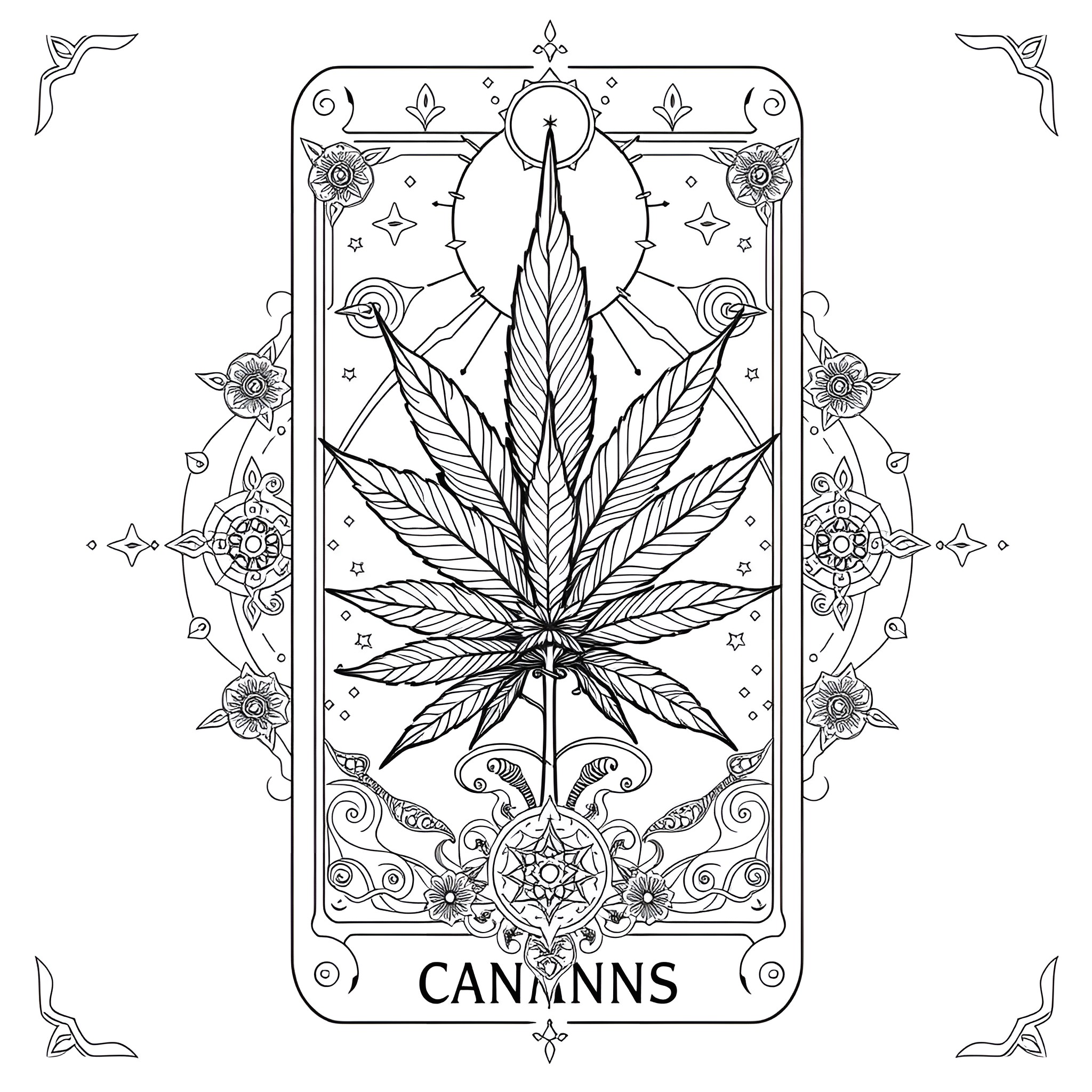 Cannabis Leaf in Ornamental Frame Coloring Page (free black-and-white line drawing printable PDF for all, from beginners to advanced learners, including children, teens, adults, and seniors)