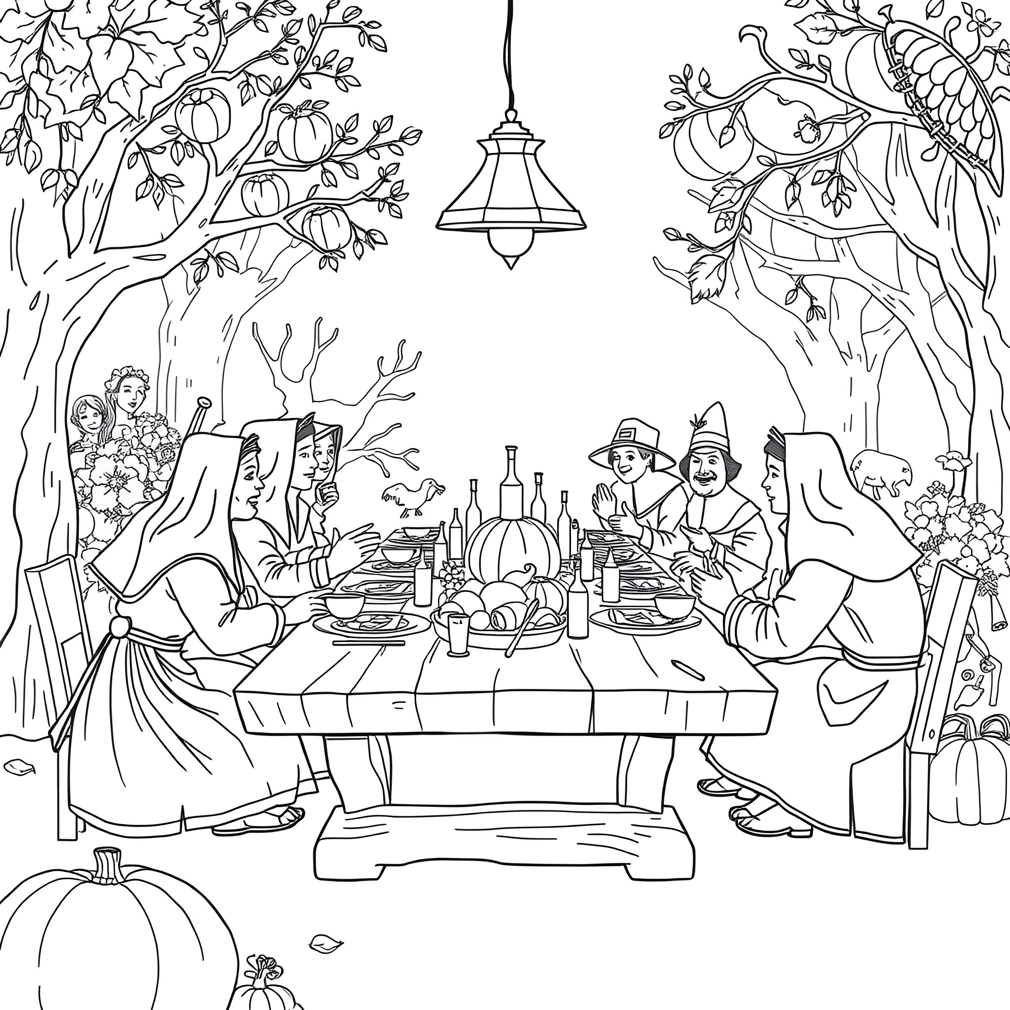 Pilgrim Feast in the Autumn Garden Coloring Page (free black-and-white line drawing printable PDF for all, from beginners to advanced learners, including children, teens, adults, and seniors)