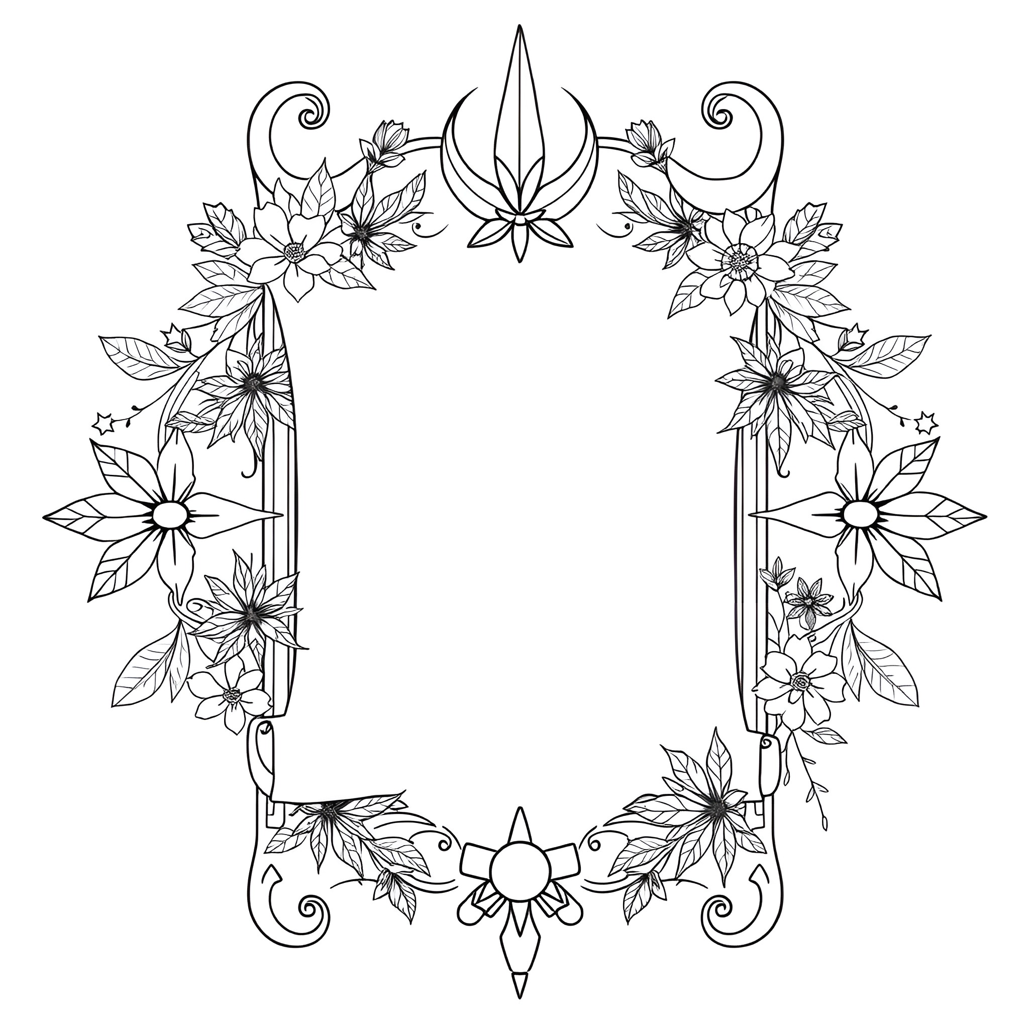 Tarot Card with Floral Ornate Frame Coloring Page (free black-and-white line drawing printable PDF for all, from beginners to advanced learners, including children, teens, adults, and seniors)