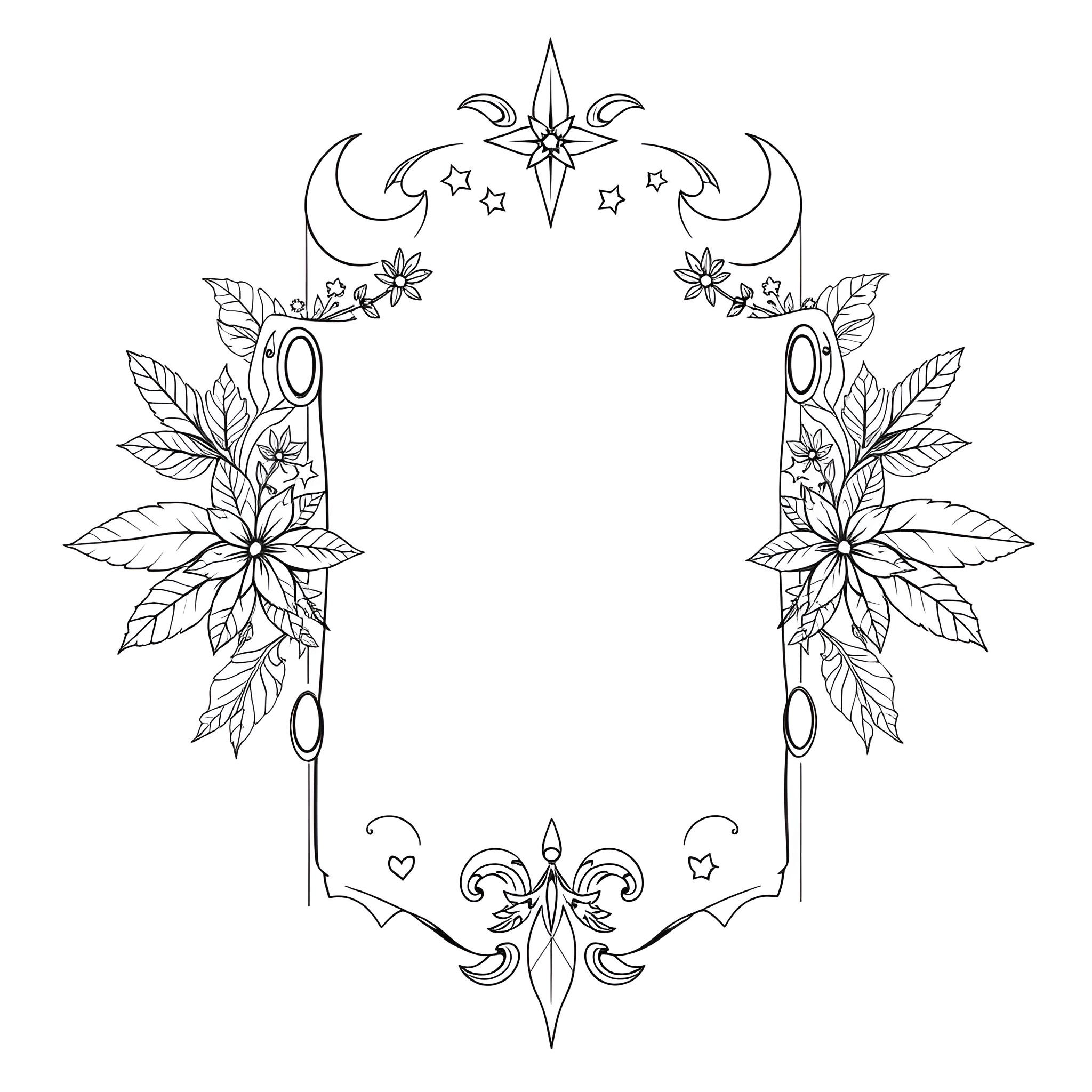 Tarot Card with Floral and Celestial Motifs Coloring Page (free black-and-white line drawing printable PDF for all, from beginners to advanced learners, including children, teens, adults, and seniors)