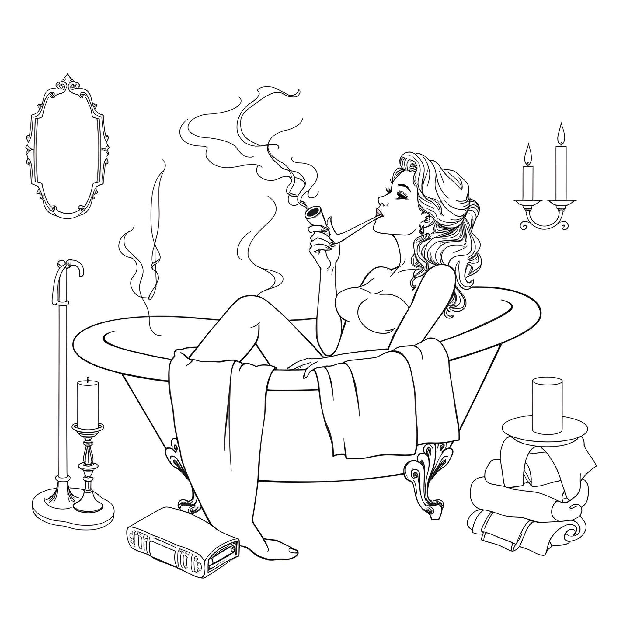 Woman relaxing in vintage bathtub with wine and candles Coloring Page (free black-and-white line drawing printable PDF for all, from beginners to advanced learners, including children, teens, adults, and seniors)