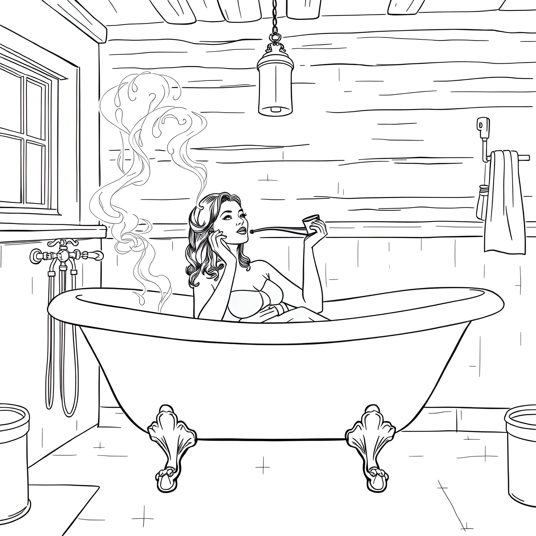Woman relaxing in a rustic bathtub Coloring Page (free black-and-white line drawing printable PDF for all, from beginners to advanced learners, including children, teens, adults, and seniors)