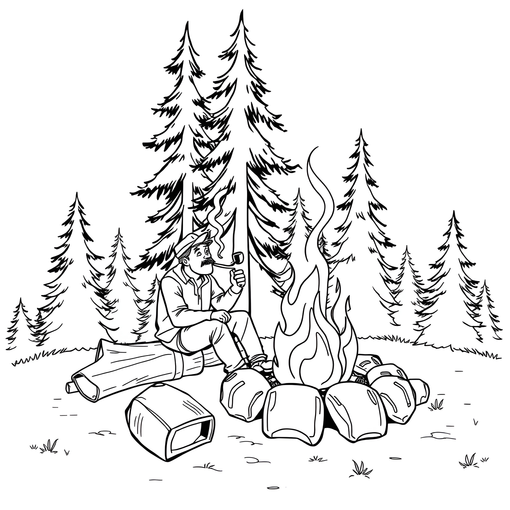 Man sitting by campfire in forest at night Coloring Page (free black-and-white line drawing printable PDF for all, from beginners to advanced learners, including children, teens, adults, and seniors)