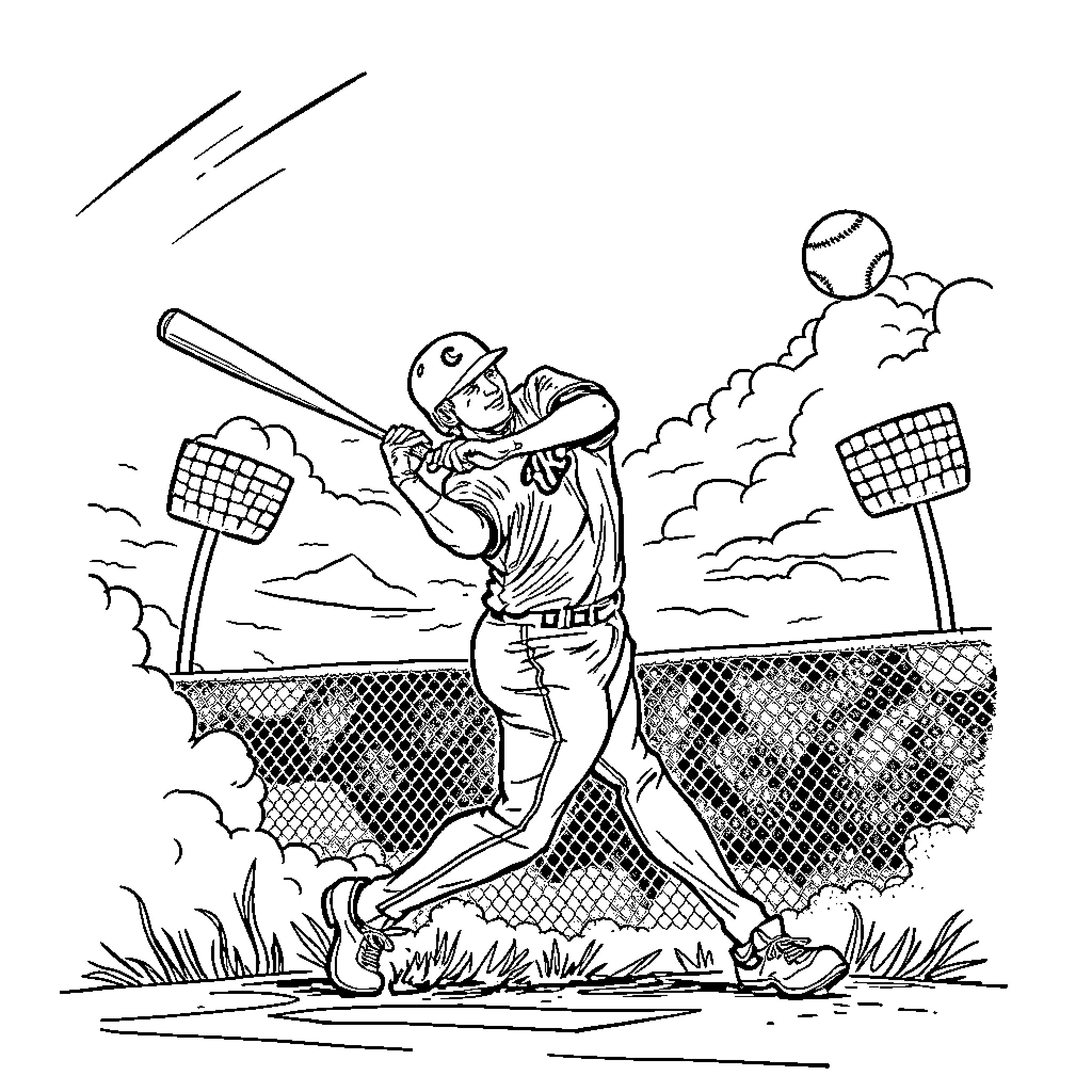Alejandro Kirk batting during baseball game Coloring Page (free black-and-white line drawing printable PDF for all, from beginners to advanced learners, including children, teens, adults, and seniors)