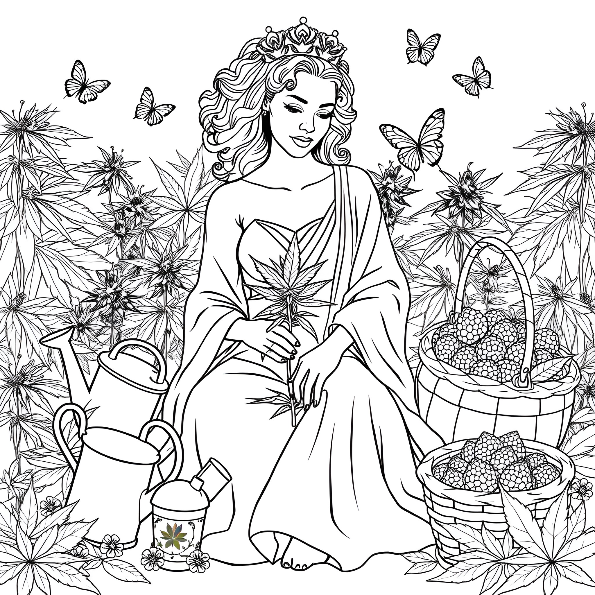 Woman amid flowers and butterflies Coloring Page (free black-and-white line drawing printable PDF for all, from beginners to advanced learners, including children, teens, adults, and seniors)