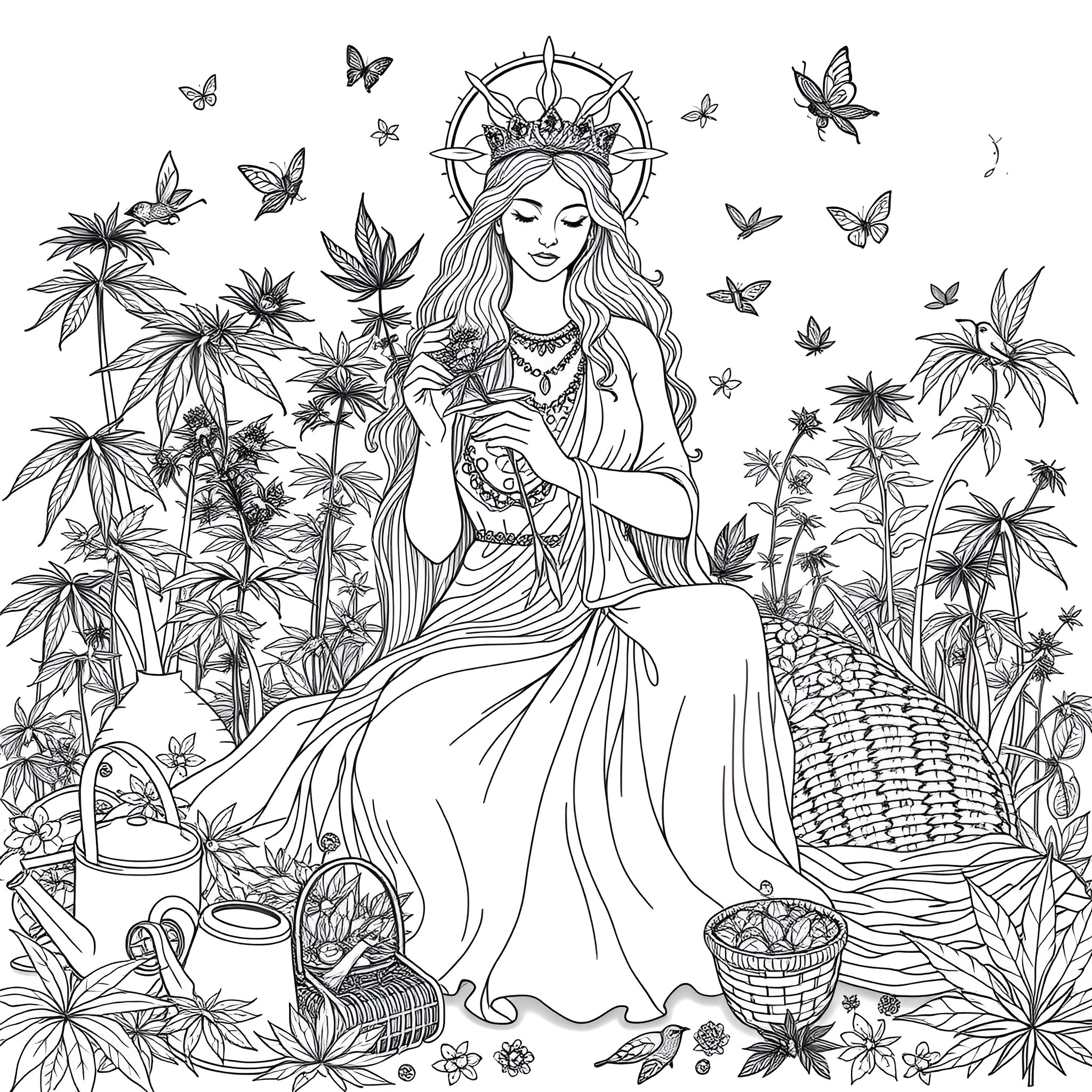 Woman sitting peacefully amidst nature Coloring Page (free black-and-white line drawing printable PDF for all, from beginners to advanced learners, including children, teens, adults, and seniors)