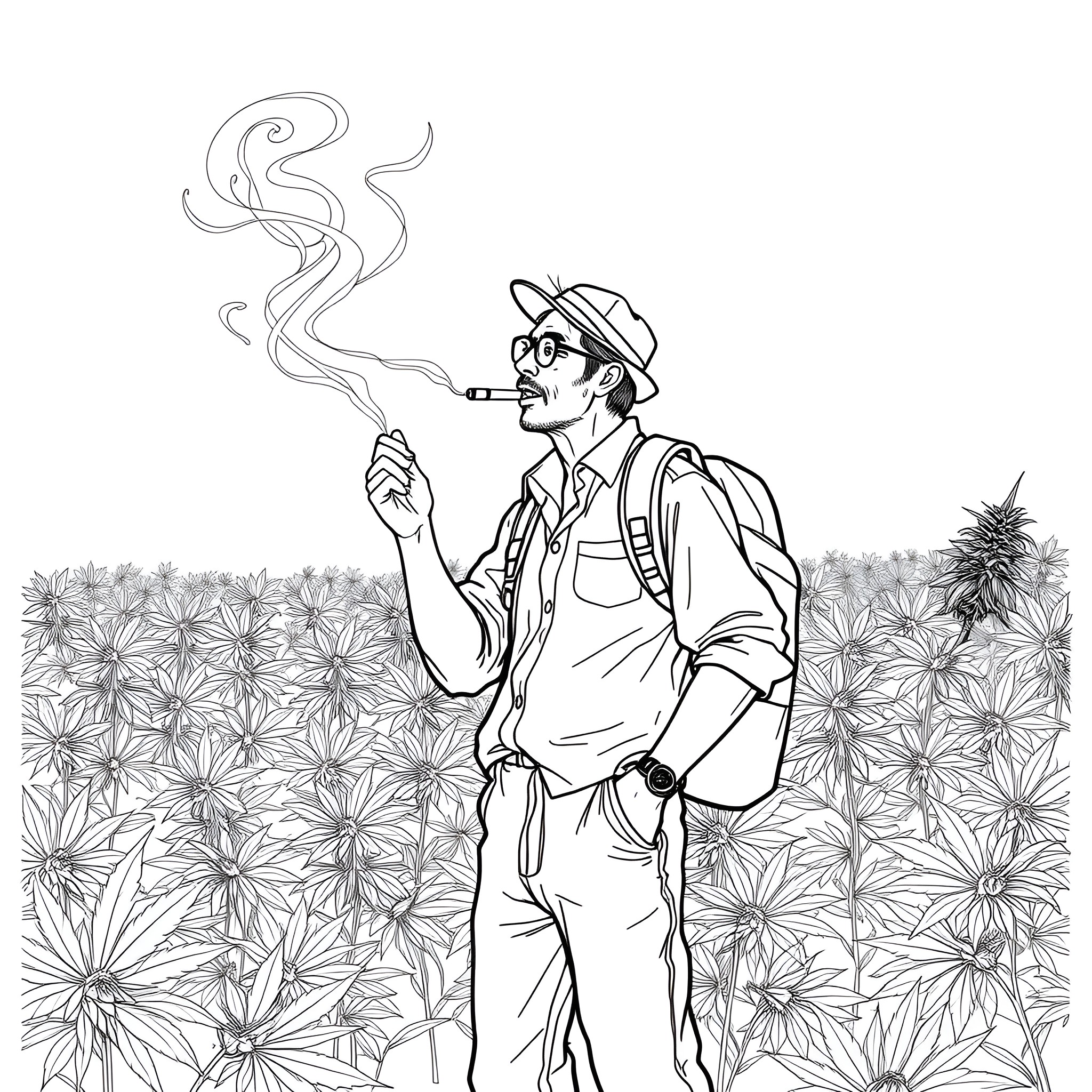 Male farmer taking a smoke break in the field Coloring Page (free black-and-white line drawing printable PDF for all, from beginners to advanced learners, including children, teens, adults, and seniors)
