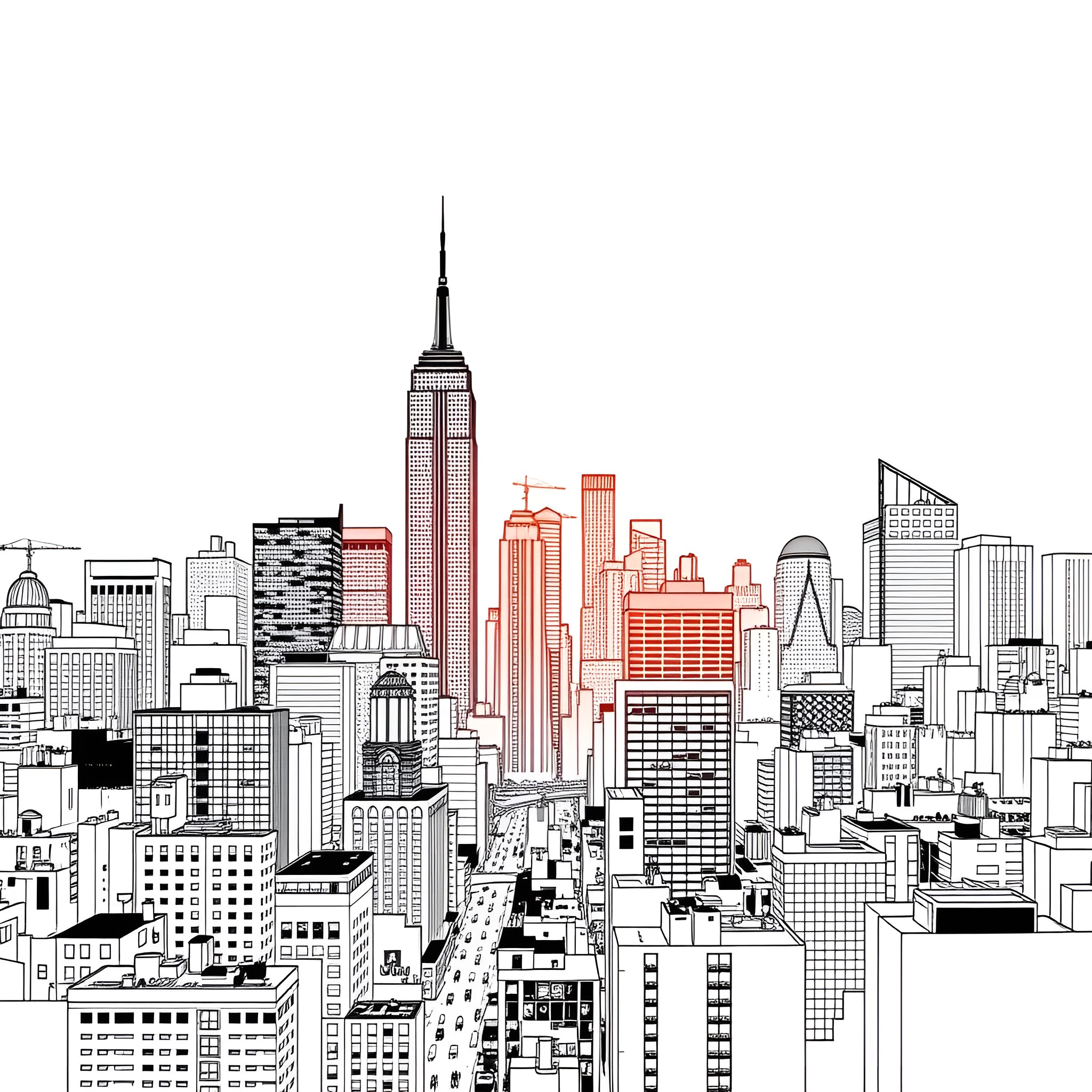 City skyline with skyscrapers and architectural structures Coloring Page (free black-and-white line drawing printable PDF for all, from beginners to advanced learners, including children, teens, adults, and seniors)