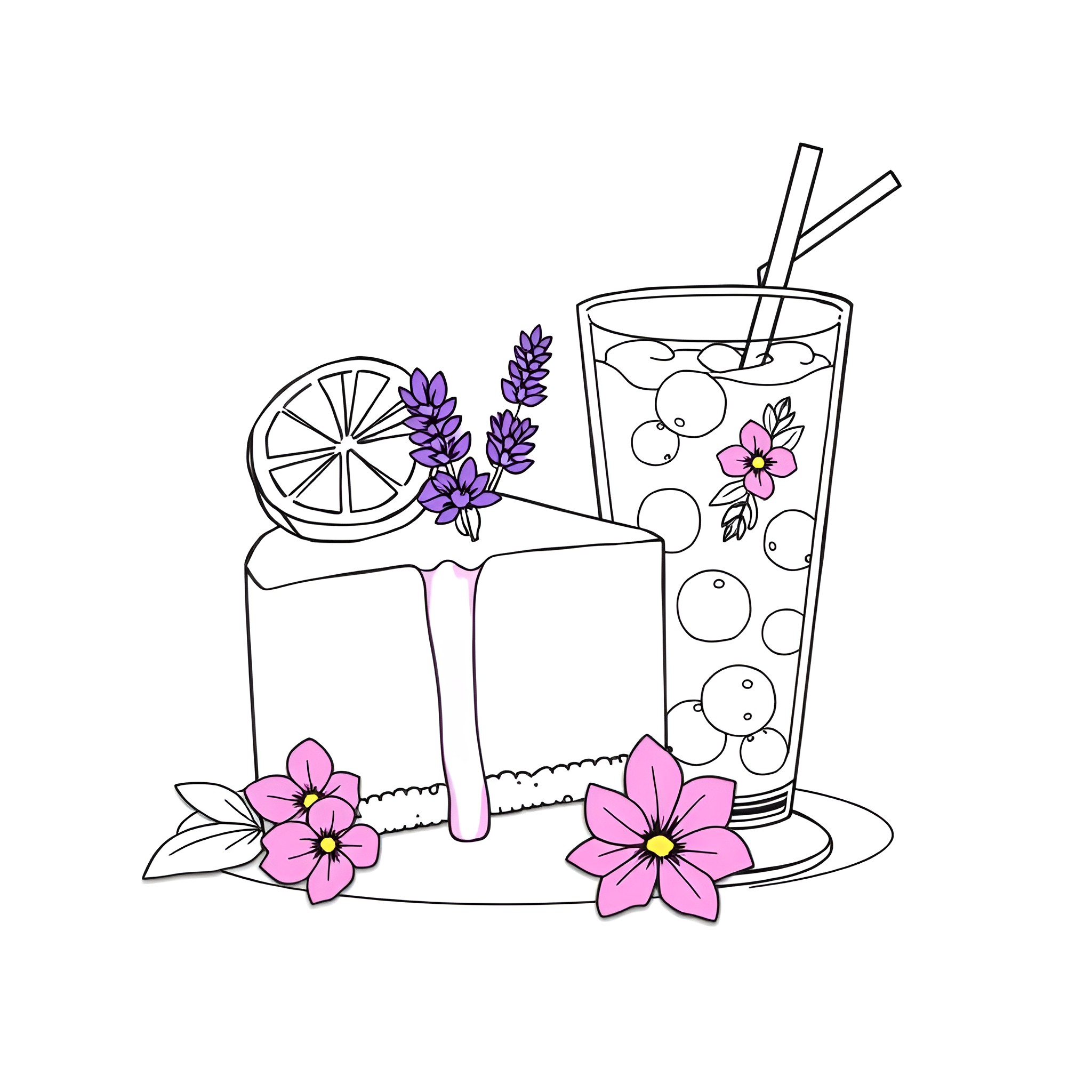 Cheesecake with floral drinks and decorations Coloring Page (free black-and-white line drawing printable PDF for all, from beginners to advanced learners, including children, teens, adults, and seniors)