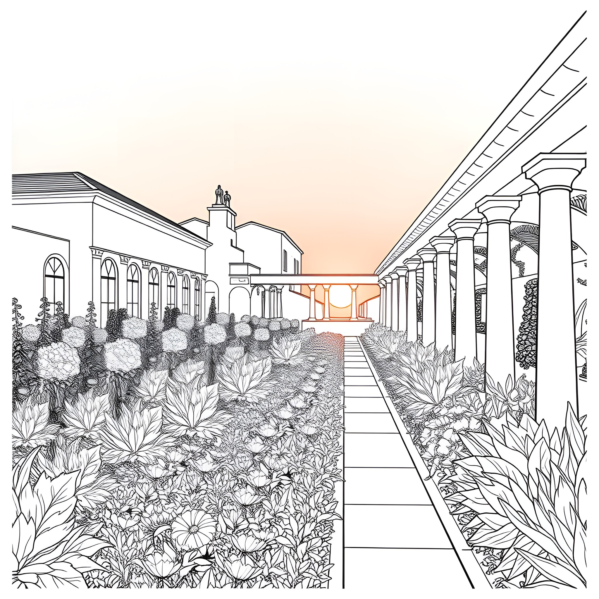 Sunset view of an ornate architectural garden Coloring Page (free black-and-white line drawing printable PDF for all, from beginners to advanced learners, including children, teens, adults, and seniors)