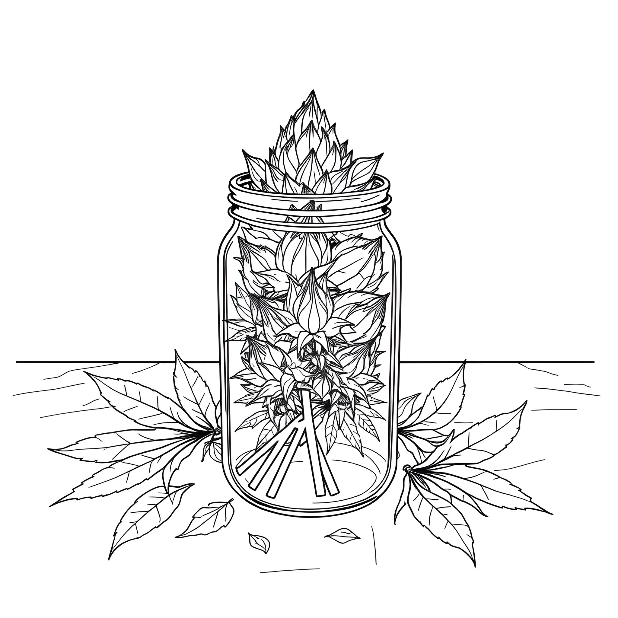 Cannabis plant in a glass jar against nature Coloring Page (free black-and-white line drawing printable PDF for all, from beginners to advanced learners, including children, teens, adults, and seniors)
