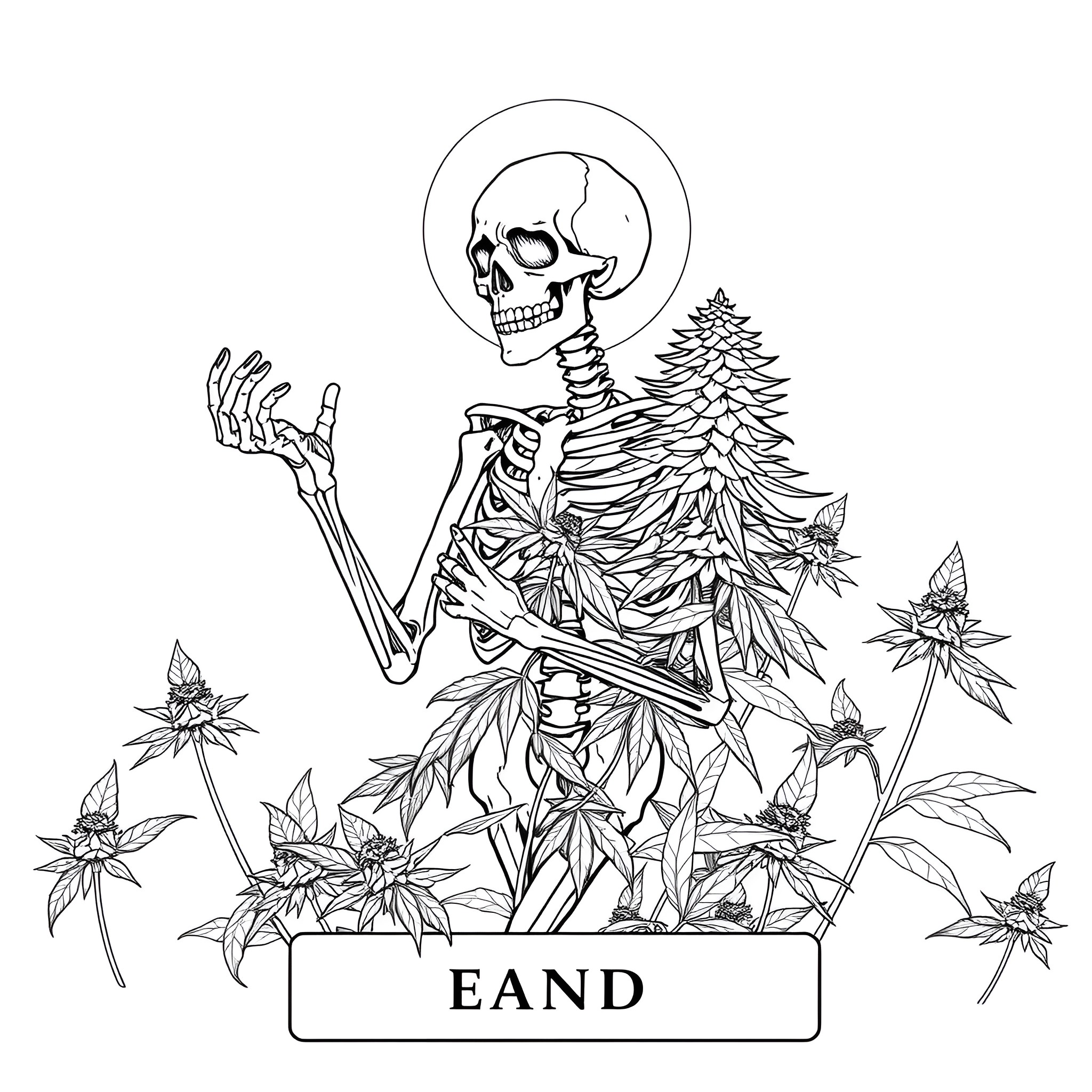 Death's Embrace in the Botanical Realm Coloring Page (free black-and-white line drawing printable PDF for all, from beginners to advanced learners, including children, teens, adults, and seniors)