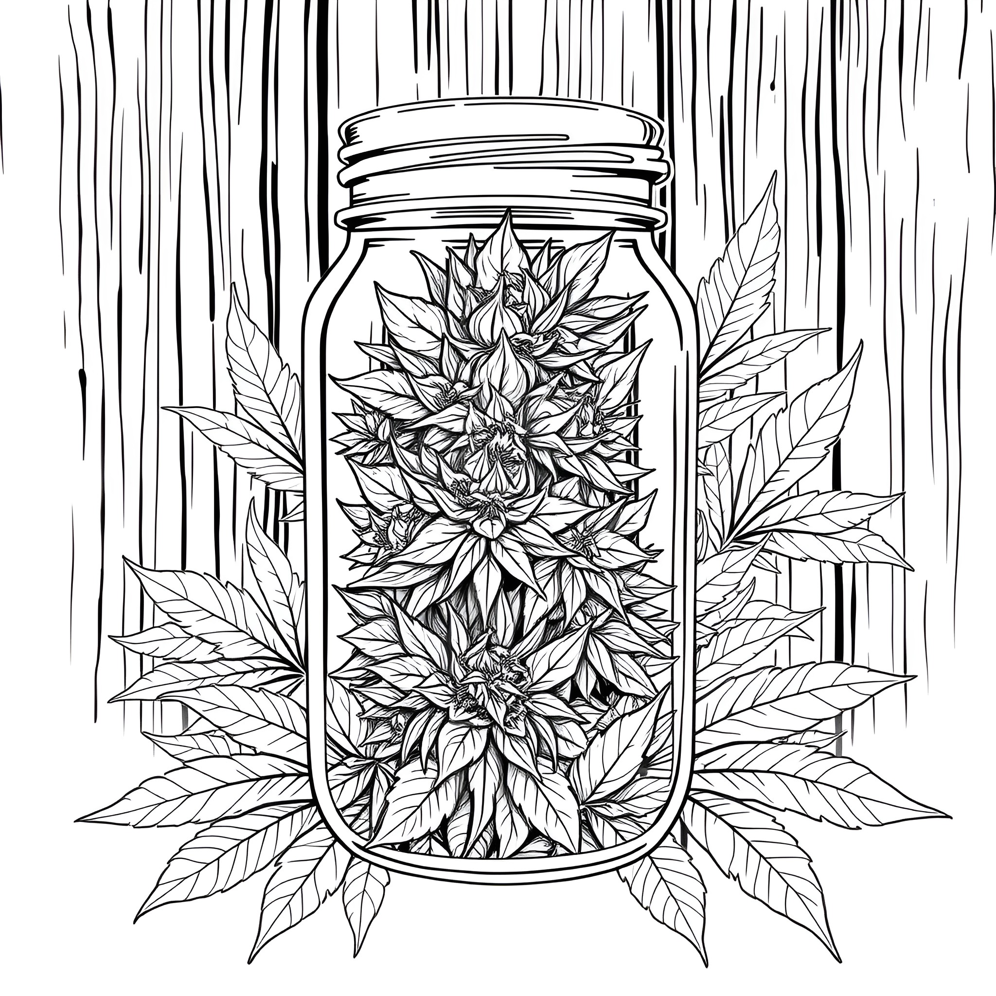 Cannabis Jar Filled with Intricate Floral Designs Coloring Page (free black-and-white line drawing printable PDF for all, from beginners to advanced learners, including children, teens, adults, and seniors)