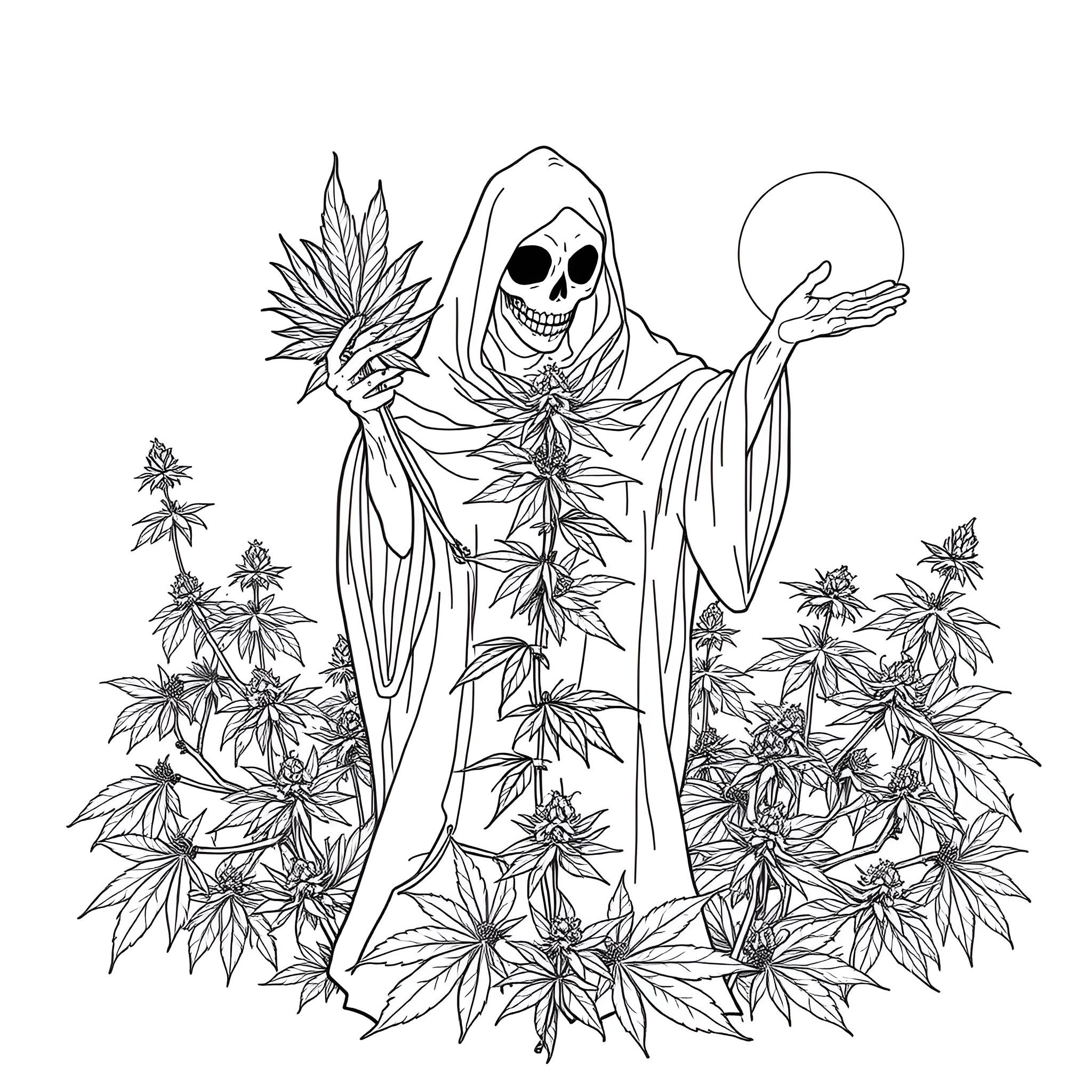 Death's Embrace Amid Autumn Foliage Coloring Page (free black-and-white line drawing printable PDF for all, from beginners to advanced learners, including children, teens, adults, and seniors)