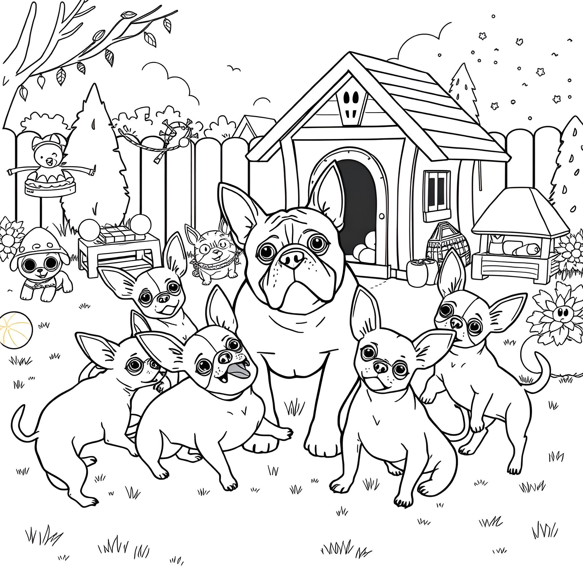 Dog with happy puppies playing outdoors Coloring Page (free black-and-white line drawing printable PDF for all, from beginners to advanced learners, including children, teens, adults, and seniors)