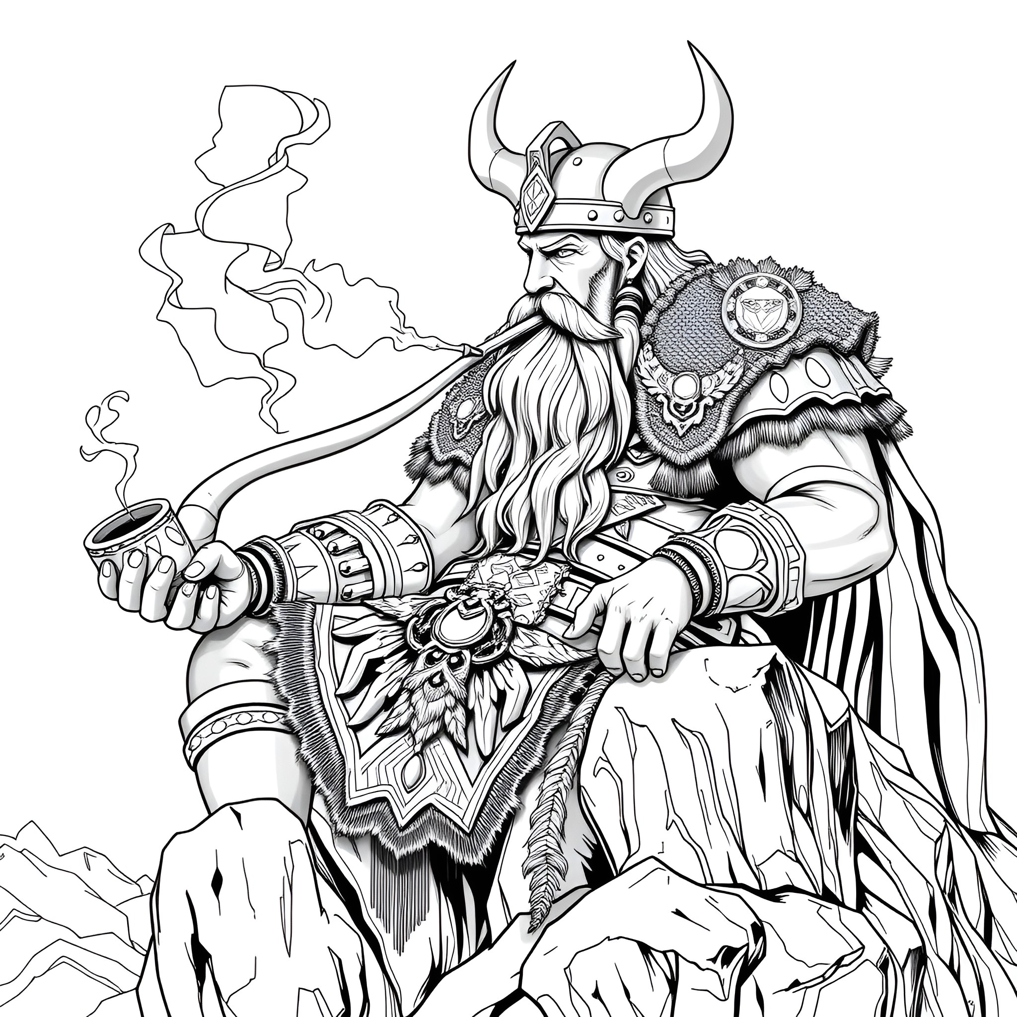 Viking God in Fierce Battle Stance Coloring Page (free black-and-white line drawing printable PDF for all, from beginners to advanced learners, including children, teens, adults, and seniors)