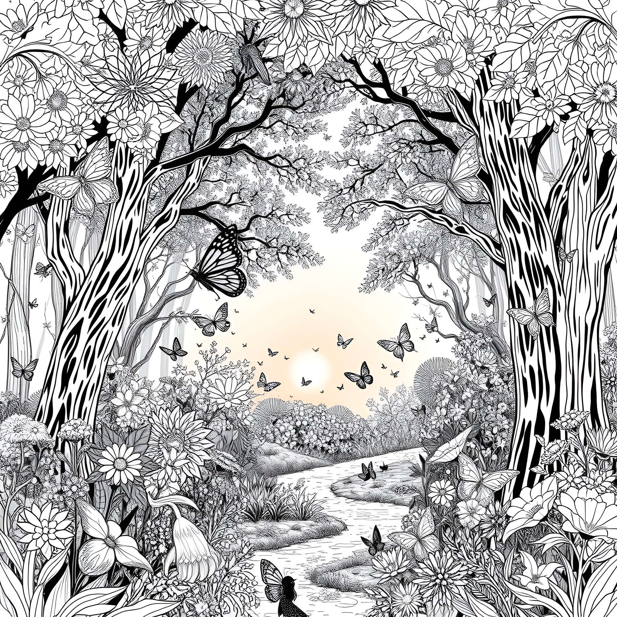 Forest Filled with Enchanting Flowers and Butterflies Coloring Page (free black-and-white line drawing printable PDF for all, from beginners to advanced learners, including children, teens, adults, and seniors)