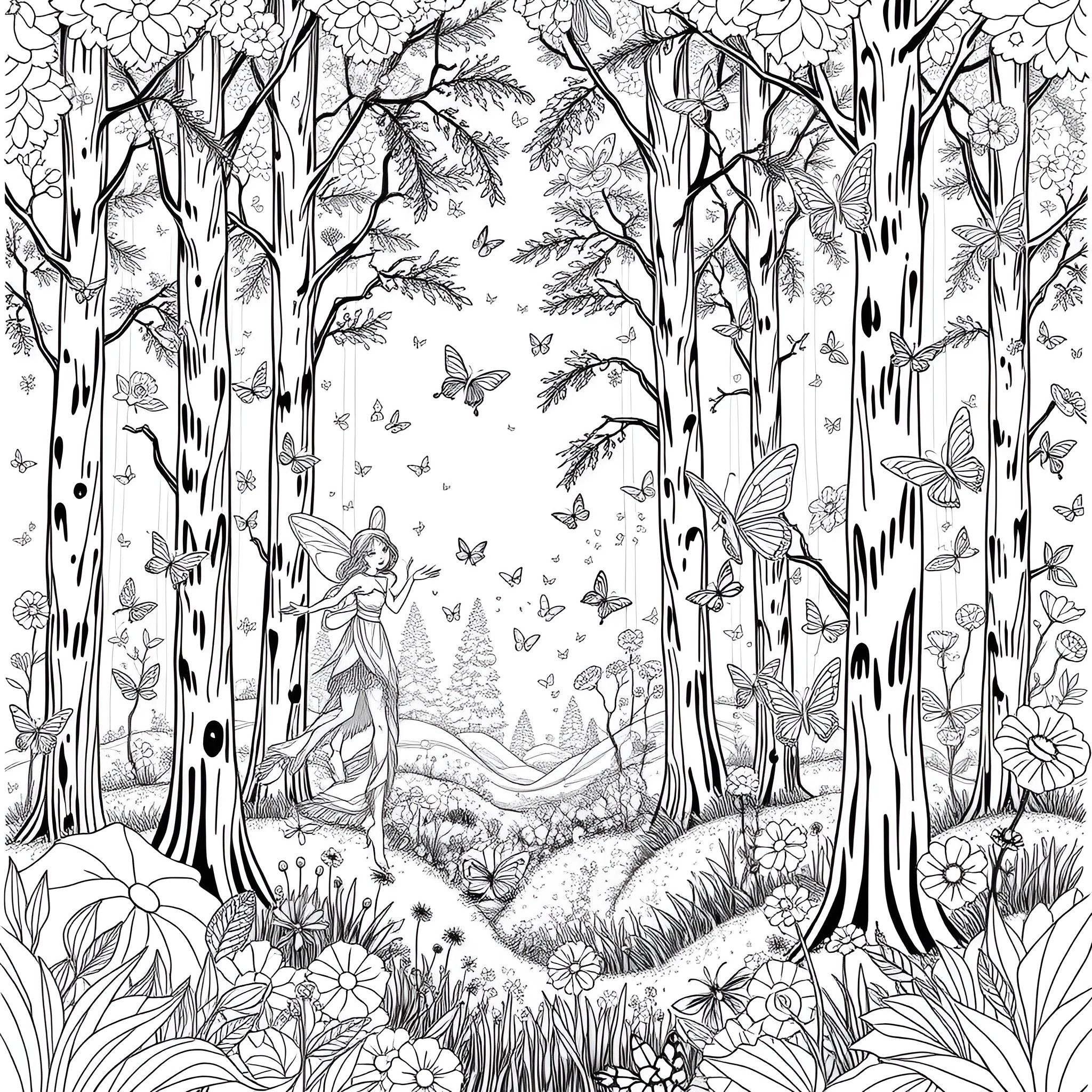 Fairy in Enchanted Forest Filled with Butterflies Coloring Page (free black-and-white line drawing printable PDF for all, from beginners to advanced learners, including children, teens, adults, and seniors)