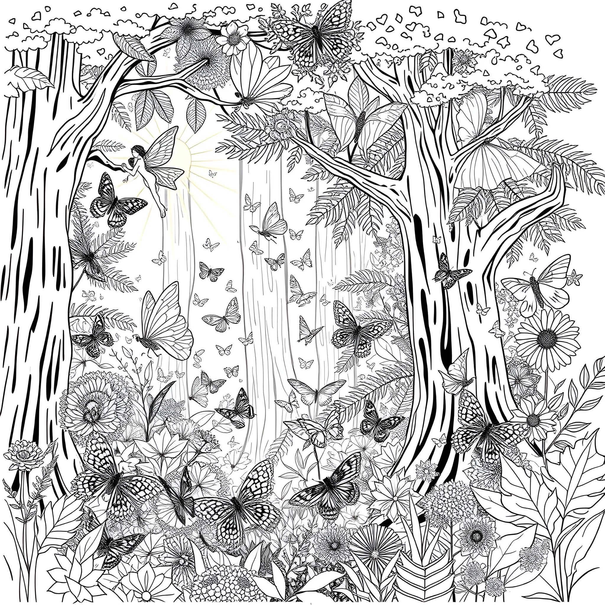 Fairy Garden Filled with Butterflies and Lush Foliage Coloring Page (free black-and-white line drawing printable PDF for all, from beginners to advanced learners, including children, teens, adults, and seniors)