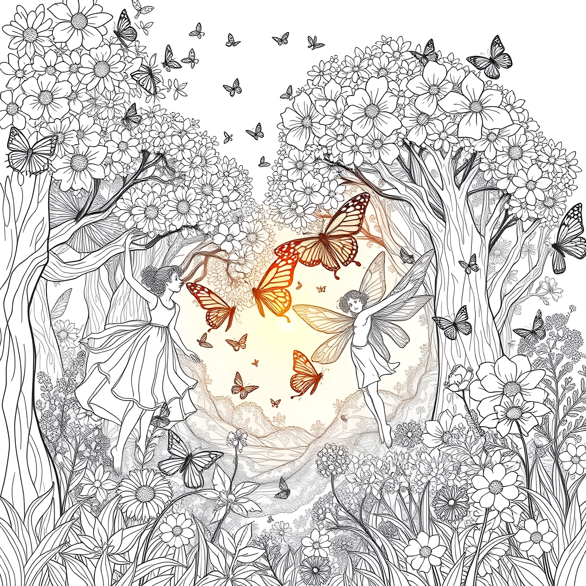 Fairy Garden with Blooming Flowers and Butterflies Coloring Page (free black-and-white line drawing printable PDF for all, from beginners to advanced learners, including children, teens, adults, and seniors)