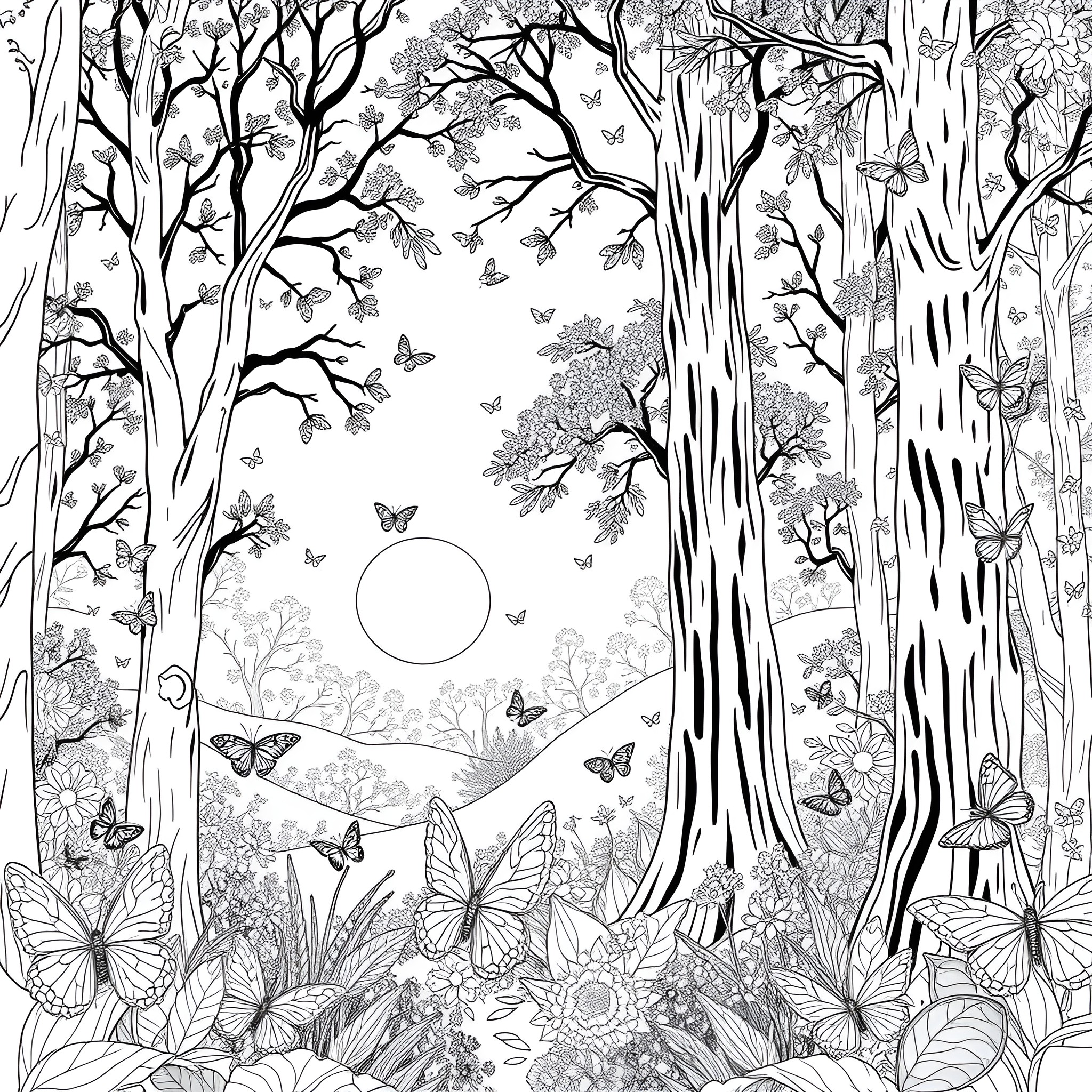 Fairy Fantasy Forest with Butterflies and Flourishing Nature Coloring Page (free black-and-white line drawing printable PDF for all, from beginners to advanced learners, including children, teens, adults, and seniors)