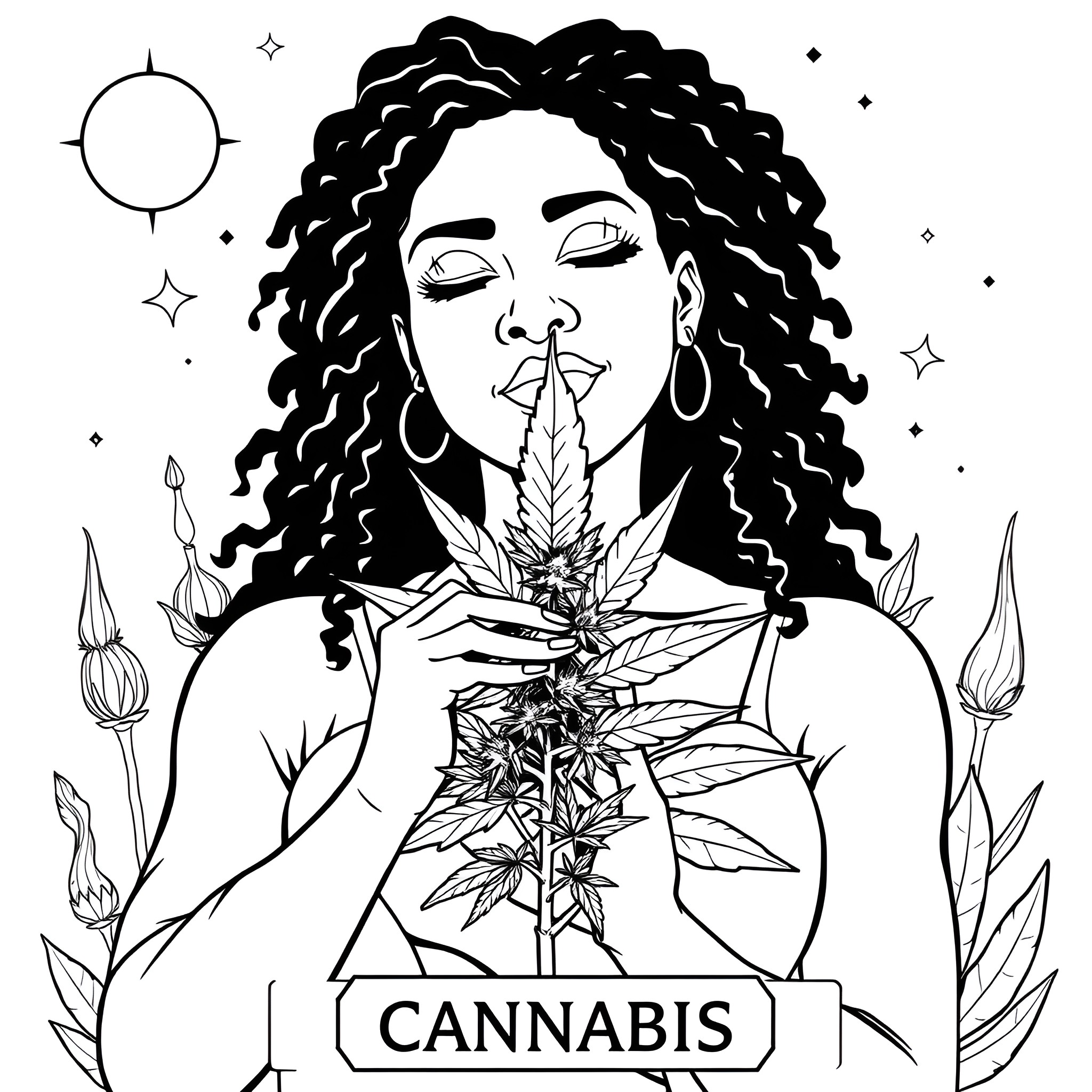 Cannabis: Woman enjoying the plant in mystical setting Coloring Page (free black-and-white line drawing printable PDF for all, from beginners to advanced learners, including children, teens, adults, and seniors)