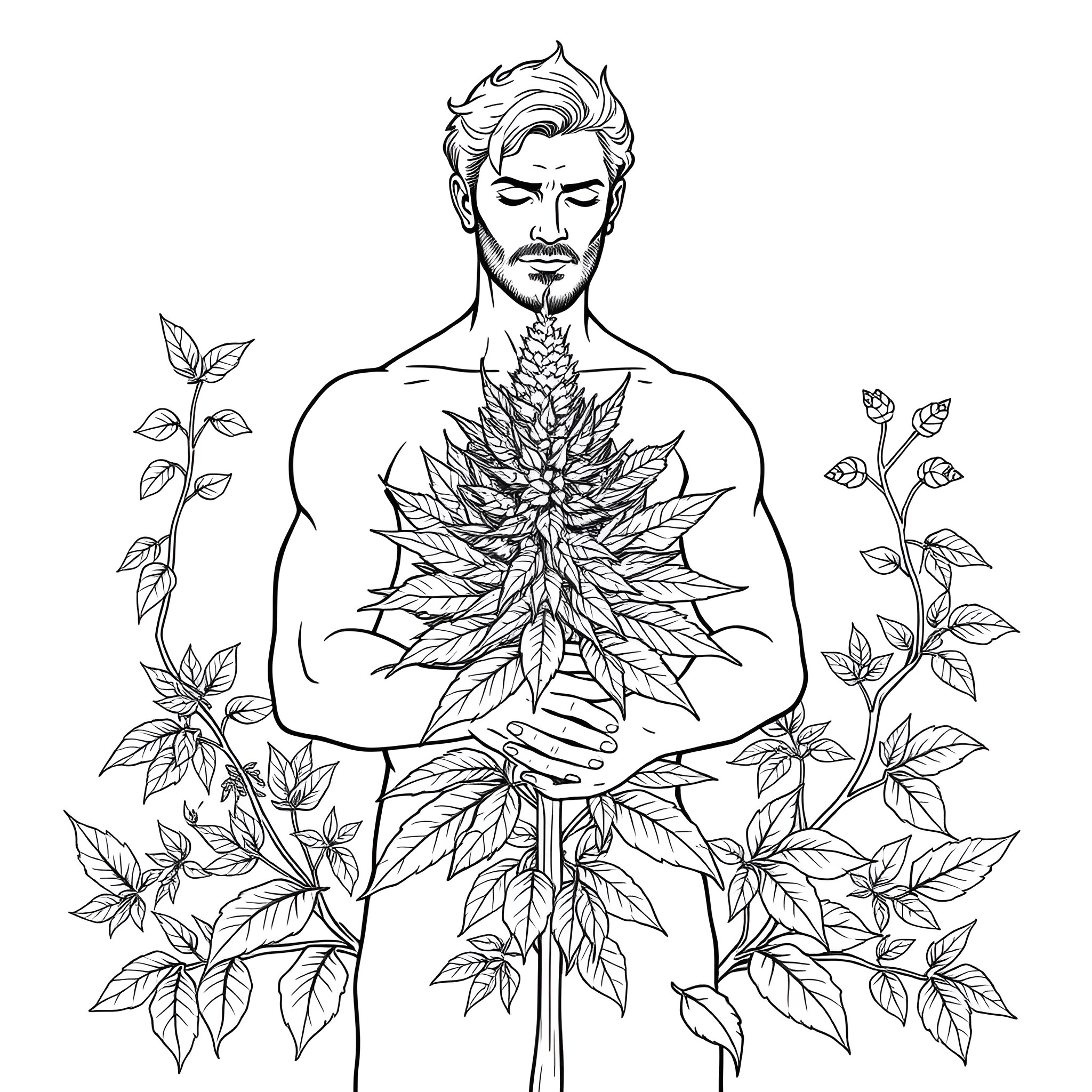 Cannabis plants and the human figure Coloring Page (free black-and-white line drawing printable PDF for all, from beginners to advanced learners, including children, teens, adults, and seniors)