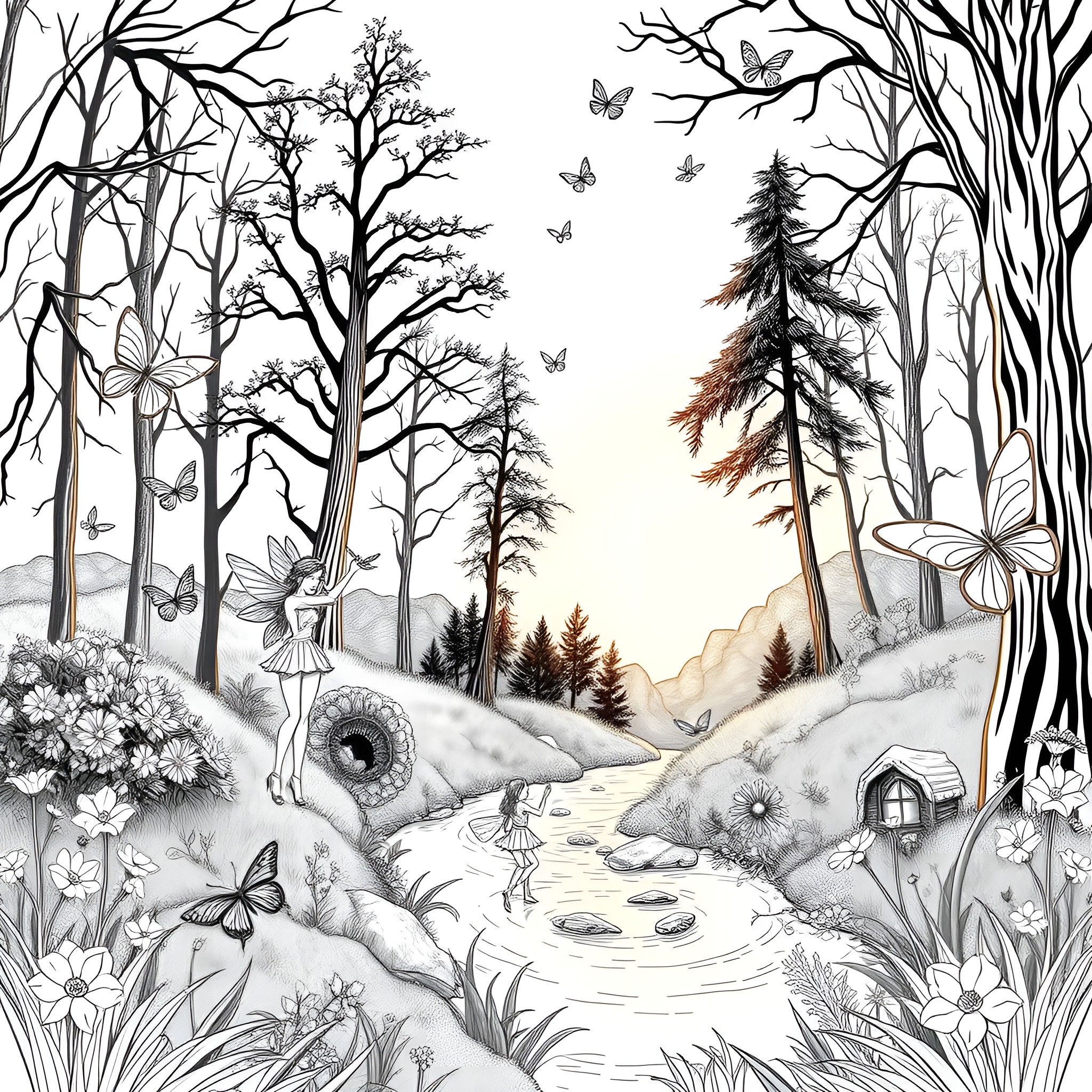Fairy-like Enchantment in the Mystical Forest Coloring Page (free black-and-white line drawing printable PDF for all, from beginners to advanced learners, including children, teens, adults, and seniors)