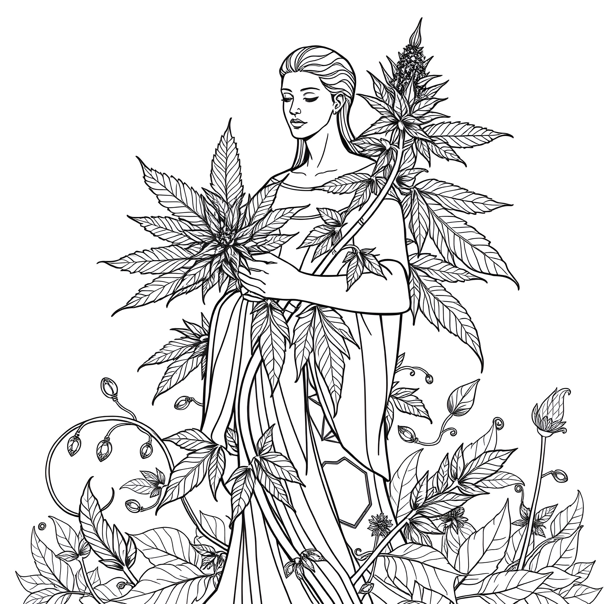 Woman surrounded by cannabis leaves and flowers Coloring Page (free black-and-white line drawing printable PDF for all, from beginners to advanced learners, including children, teens, adults, and seniors)