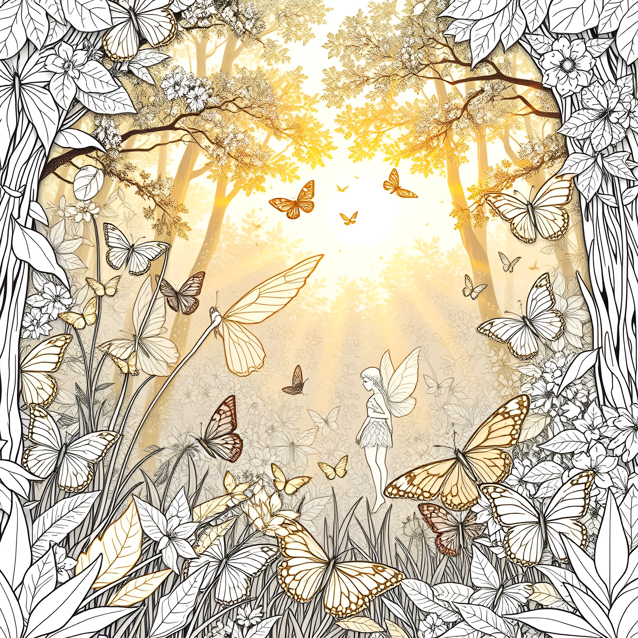Fairy in the enchanted forest with butterflies Coloring Page (free black-and-white line drawing printable PDF for all, from beginners to advanced learners, including children, teens, adults, and seniors)