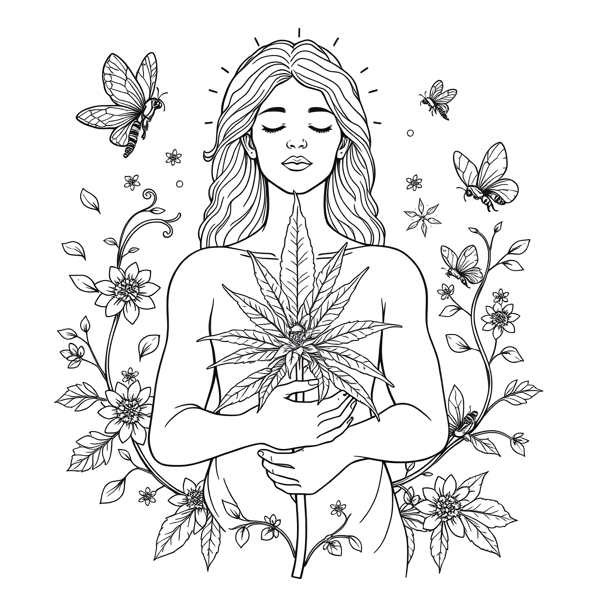 Woman holding cannabis plant with butterflies and flowers Coloring Page (free black-and-white line drawing printable PDF for all, from beginners to advanced learners, including children, teens, adults, and seniors)