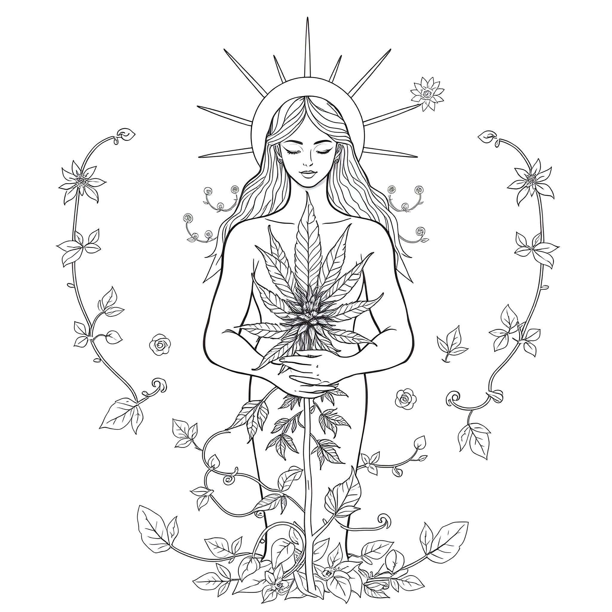Cannabis Goddess in serene nature Coloring Page (free black-and-white line drawing printable PDF for all, from beginners to advanced learners, including children, teens, adults, and seniors)