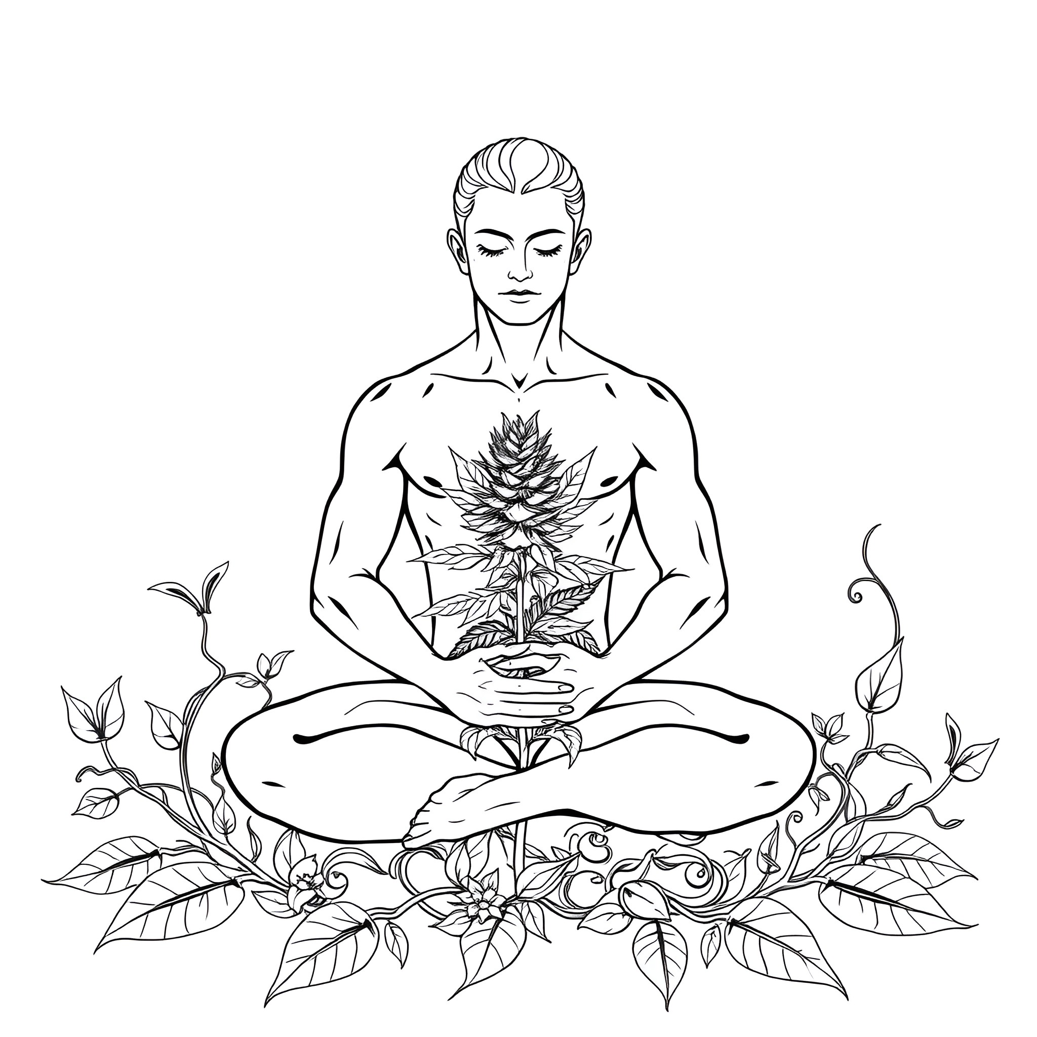 Man meditating with a pineapple plant Coloring Page (free black-and-white line drawing printable PDF for all, from beginners to advanced learners, including children, teens, adults, and seniors)