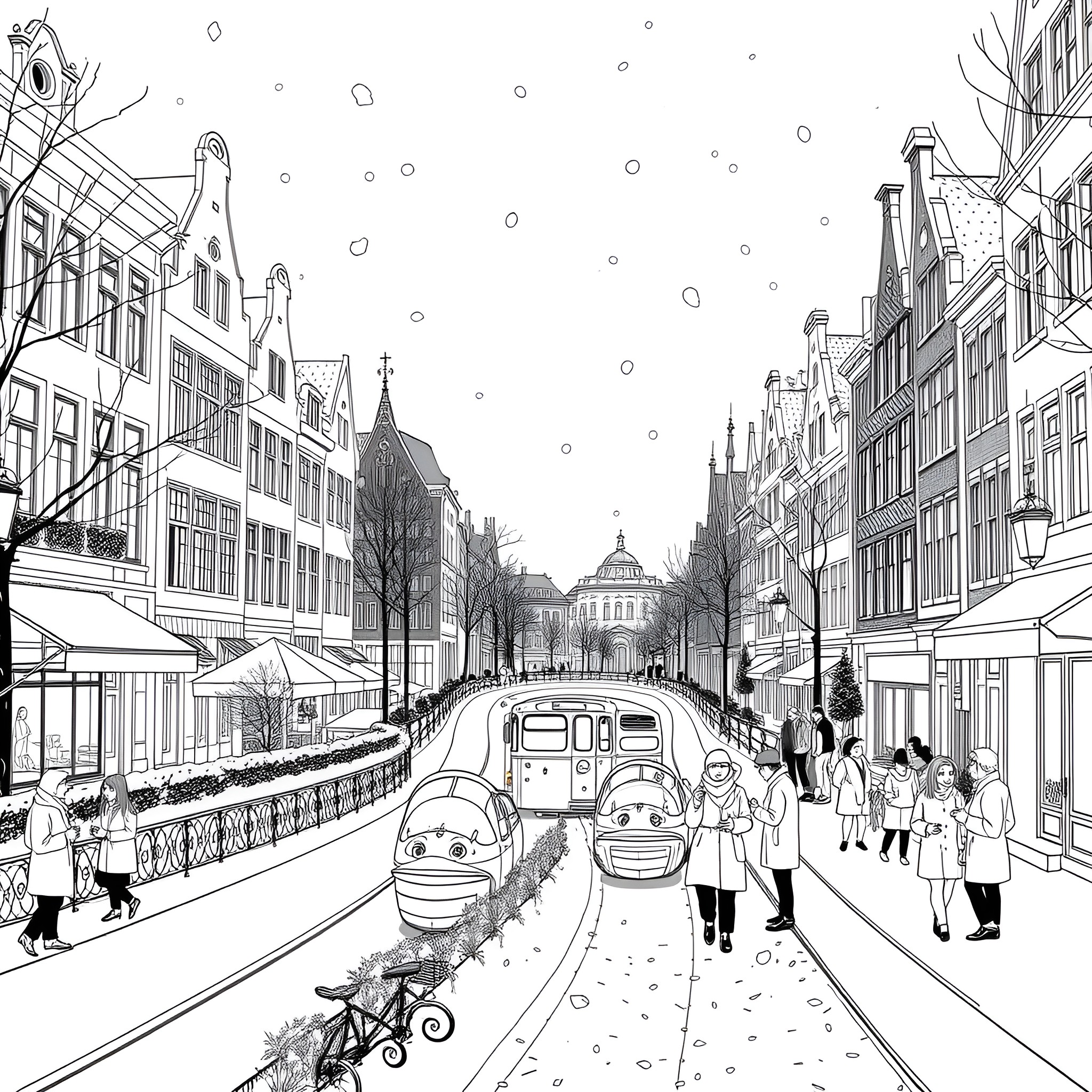 Amsterdam street scene with architecture and people Coloring Page (free black-and-white line drawing printable PDF for all, from beginners to advanced learners, including children, teens, adults, and seniors)