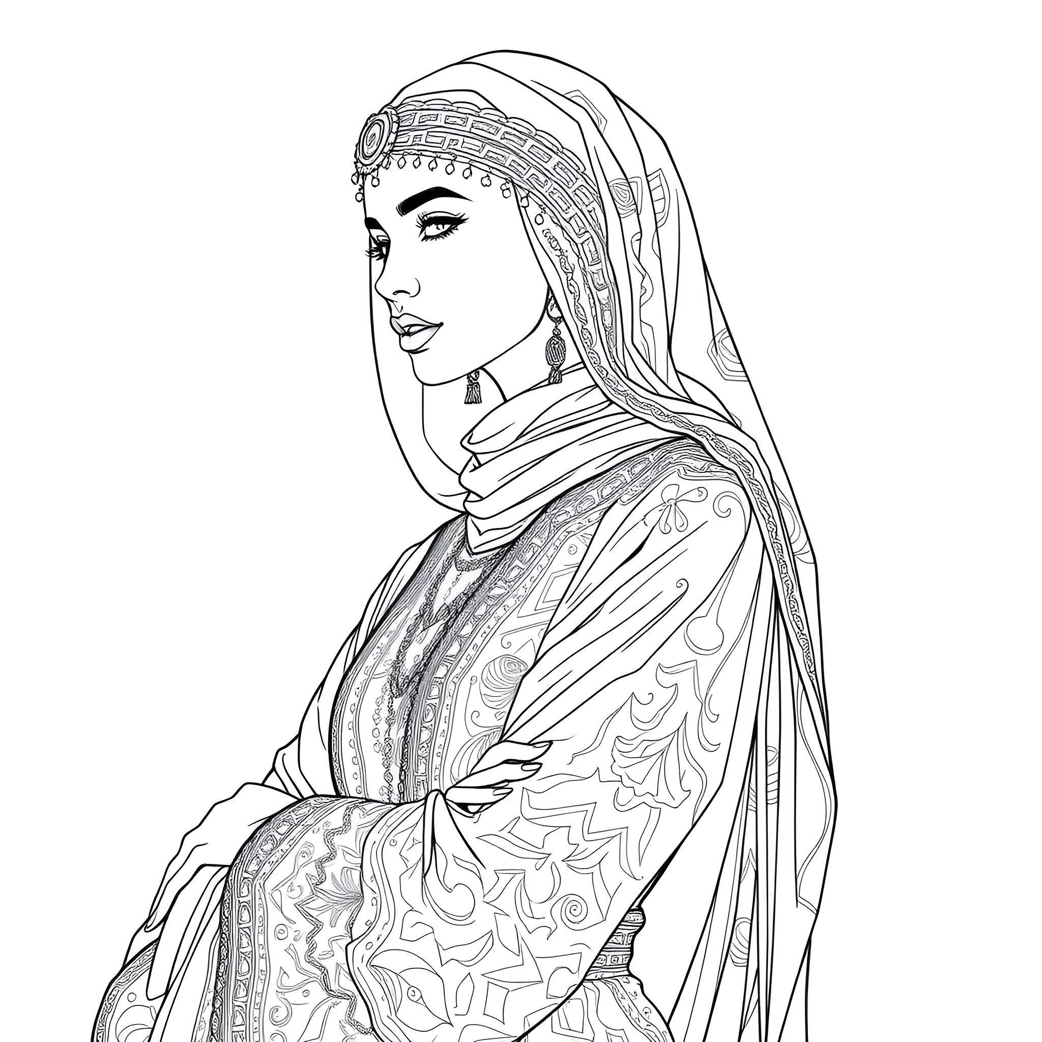 Model in Ornate Headscarf with Patterned Attire Coloring Page (free black-and-white line drawing printable PDF for all, from beginners to advanced learners, including children, teens, adults, and seniors)
