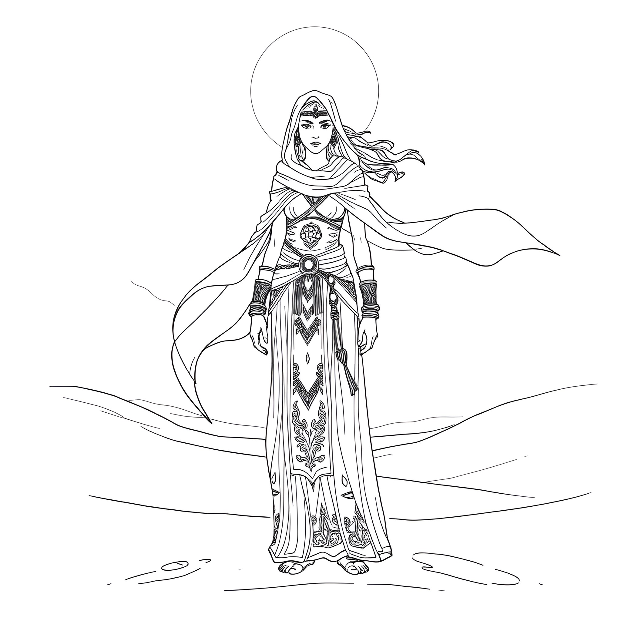 Chani in Ceremonial Robe and Headdress Coloring Page (free black-and-white line drawing printable PDF for all, from beginners to advanced learners, including children, teens, adults, and seniors)