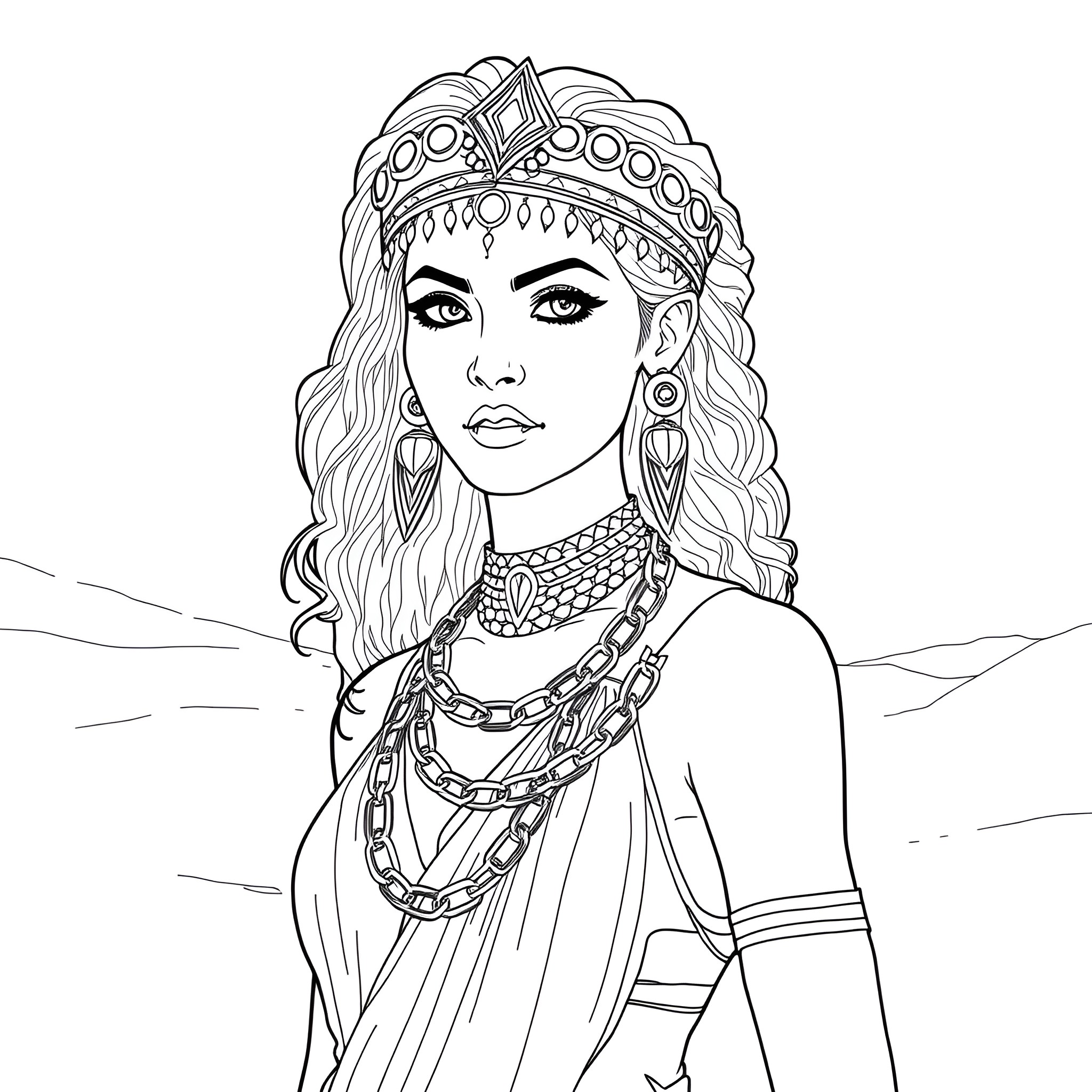 Chani, the Regal Tribal Warrior Coloring Page (free black-and-white line drawing printable PDF for all, from beginners to advanced learners, including children, teens, adults, and seniors)