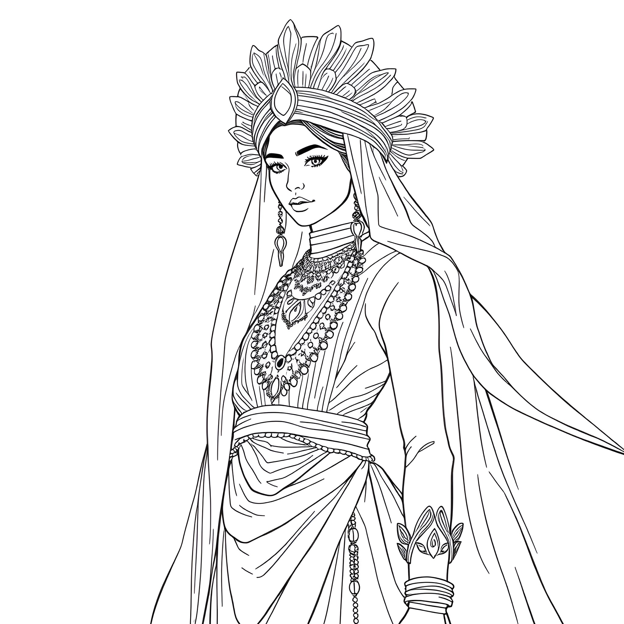 Woman in traditional costume with elaborate headdress Coloring Page (free black-and-white line drawing printable PDF for all, from beginners to advanced learners, including children, teens, adults, and seniors)