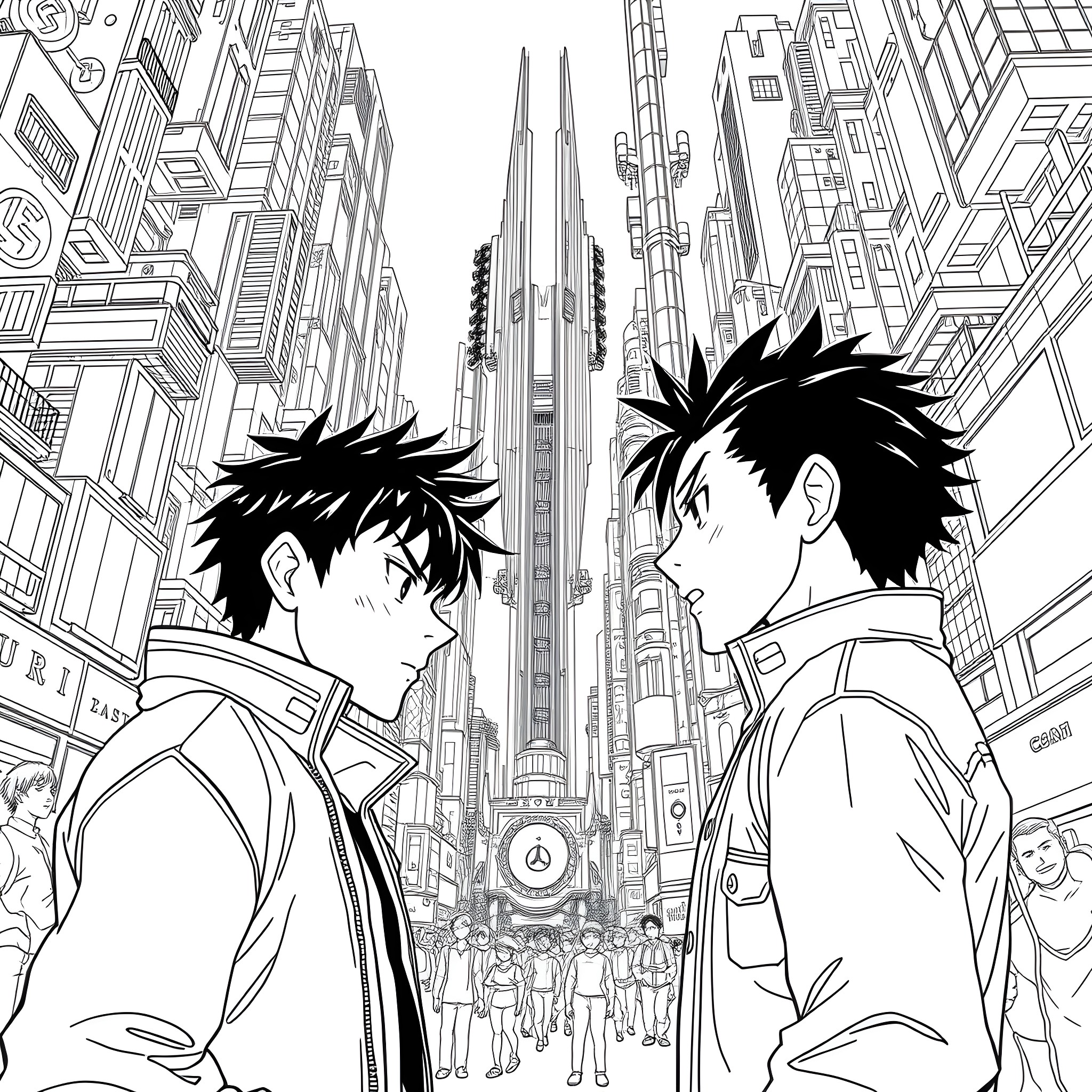 Tetsuo and Kaneda in a futuristic cityscape Coloring Page (free black-and-white line drawing printable PDF for all, from beginners to advanced learners, including children, teens, adults, and seniors)