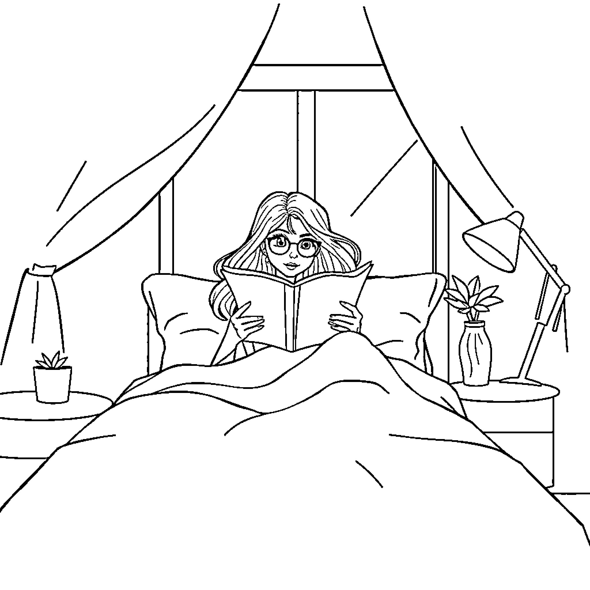 Chica reading a book in her cozy bedroom Coloring Page (free black-and-white line drawing printable PDF for all, from beginners to advanced learners, including children, teens, adults, and seniors)