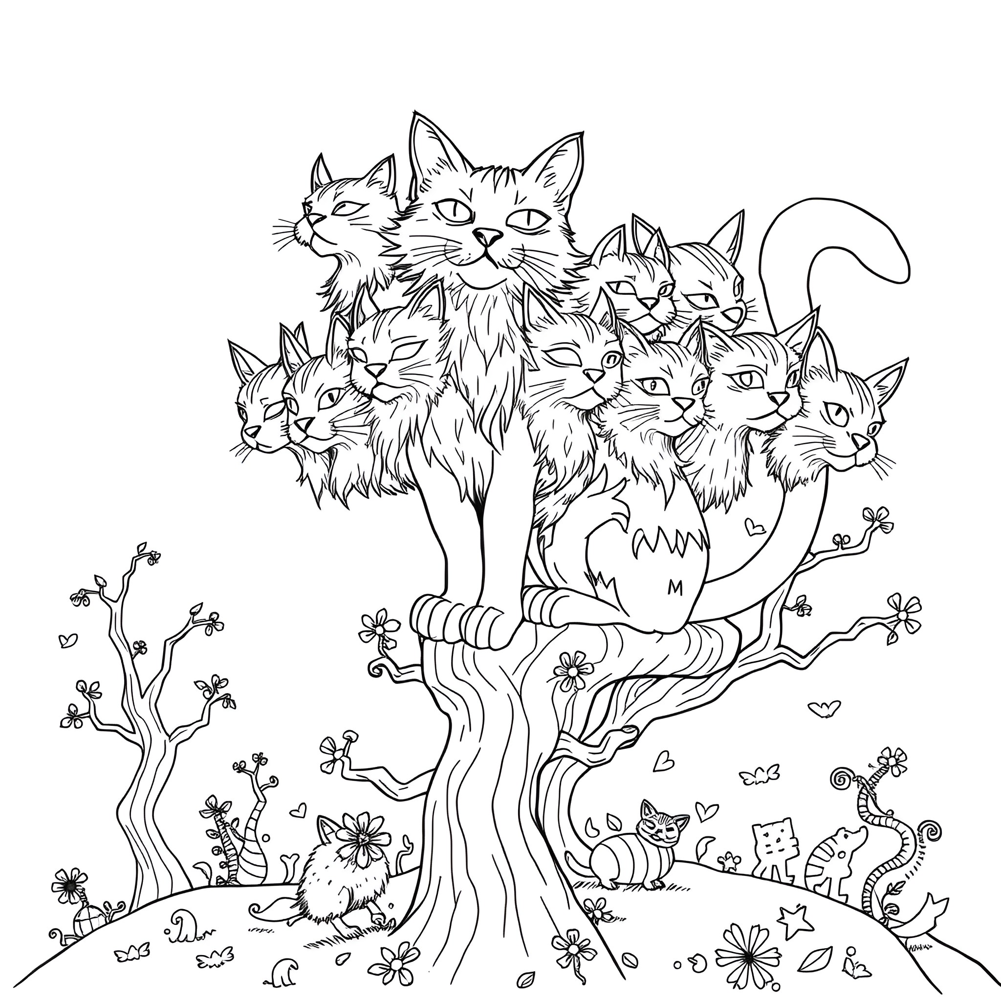 Cat family resting together in nature Coloring Page (free black-and-white line drawing printable PDF for all, from beginners to advanced learners, including children, teens, adults, and seniors)