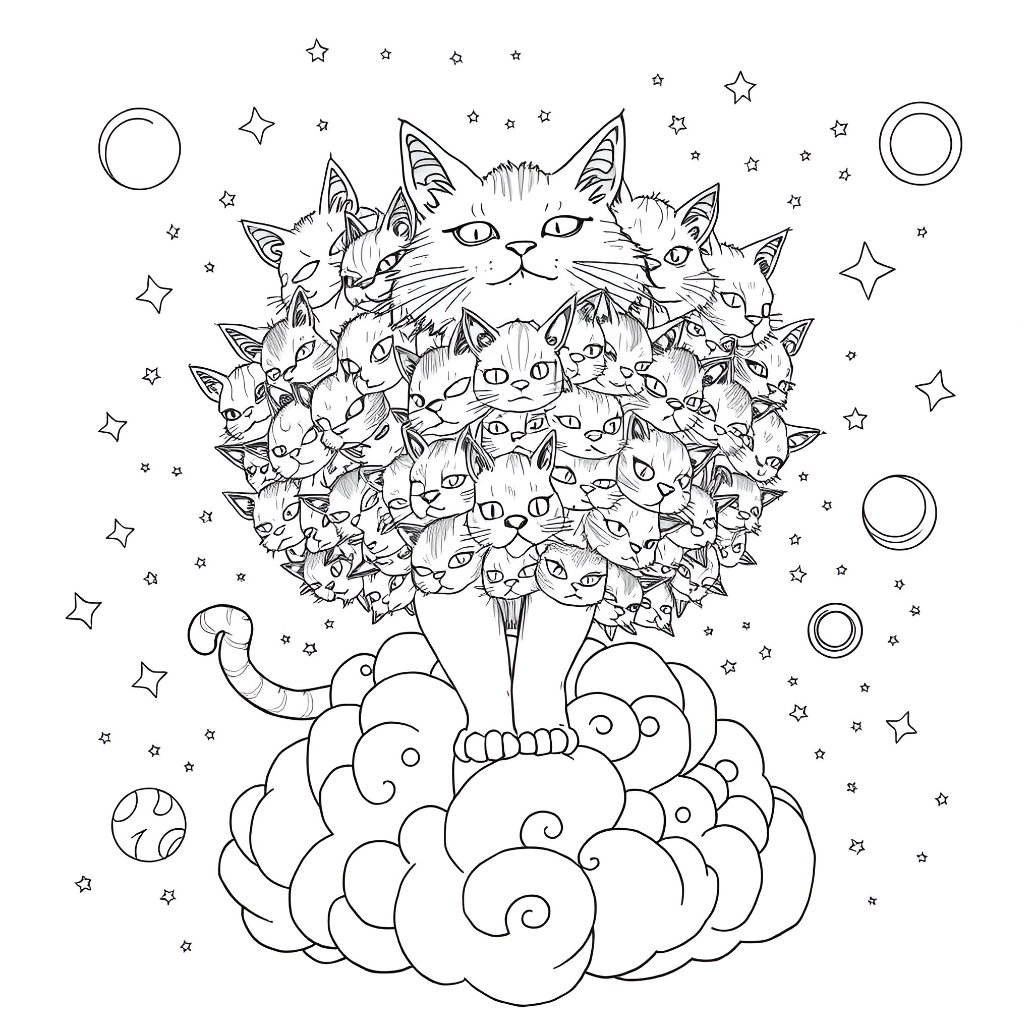 Cat surrounded by many curious kittens in the night sky Coloring Page (free black-and-white line drawing printable PDF for all, from beginners to advanced learners, including children, teens, adults, and seniors)