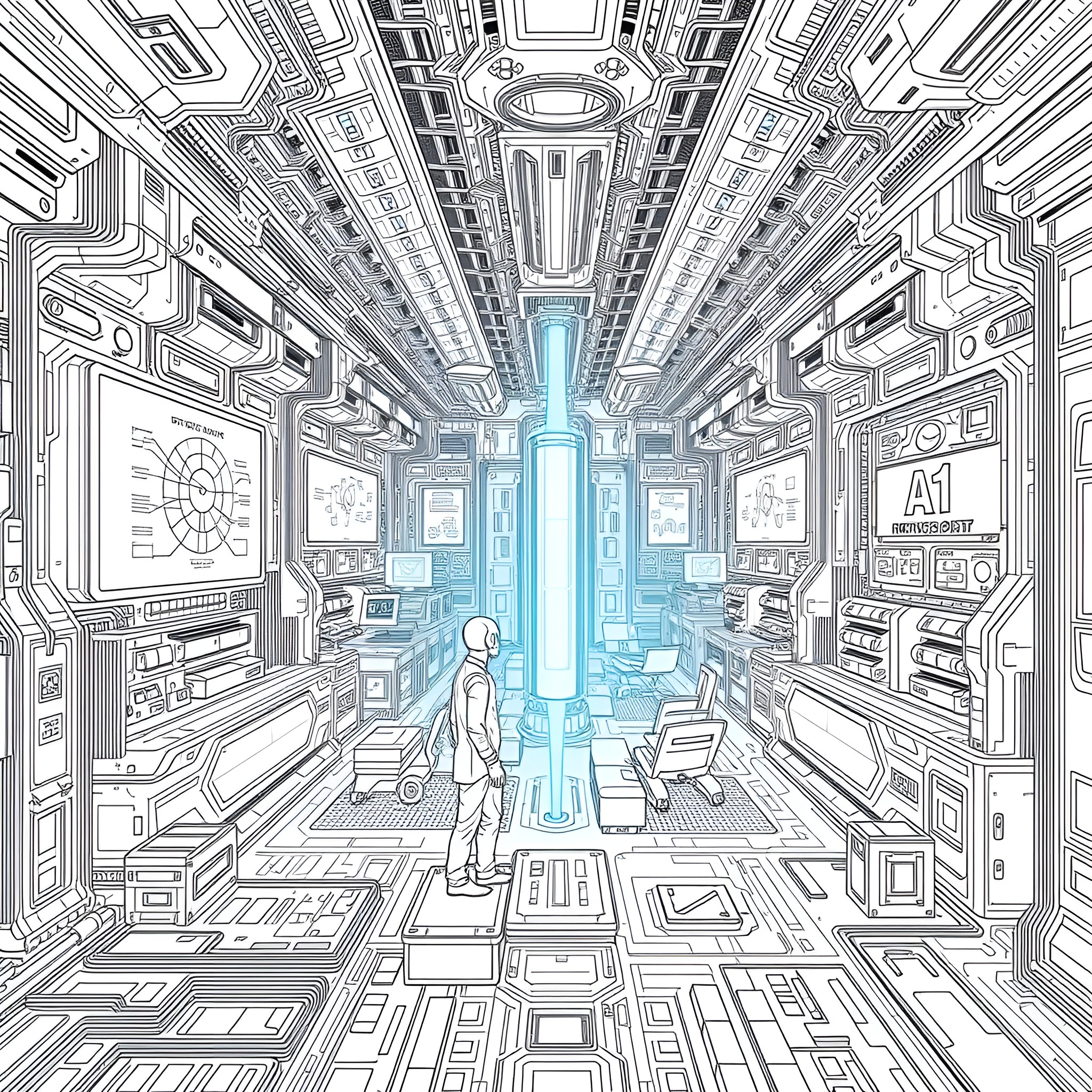 AI Astronaut navigates futuristic control room Coloring Page (free black-and-white line drawing printable PDF for all, from beginners to advanced learners, including children, teens, adults, and seniors)