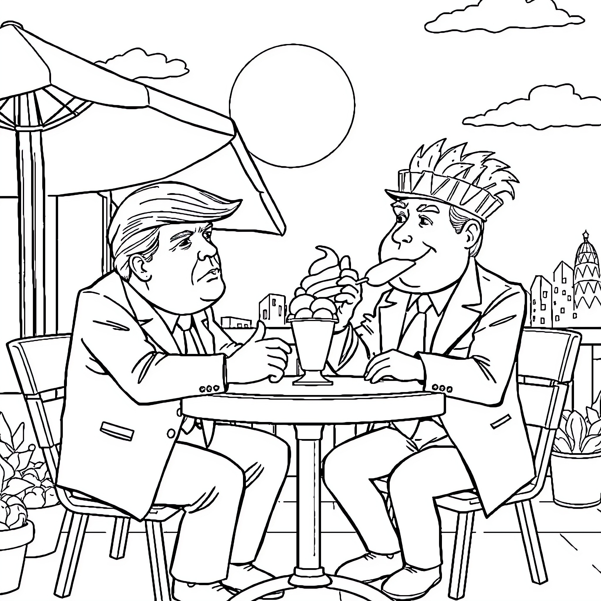 Trump's Outdoor Meeting with Political Opponent Coloring Page (free black-and-white line drawing printable PDF for all, from beginners to advanced learners, including children, teens, adults, and seniors)