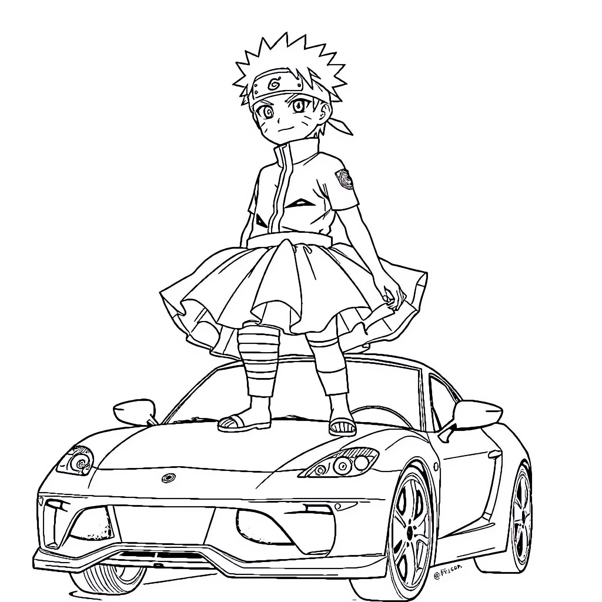 Naruto standing confidently on a sports car Coloring Page (free black-and-white line drawing printable PDF for all, from beginners to advanced learners, including children, teens, adults, and seniors)