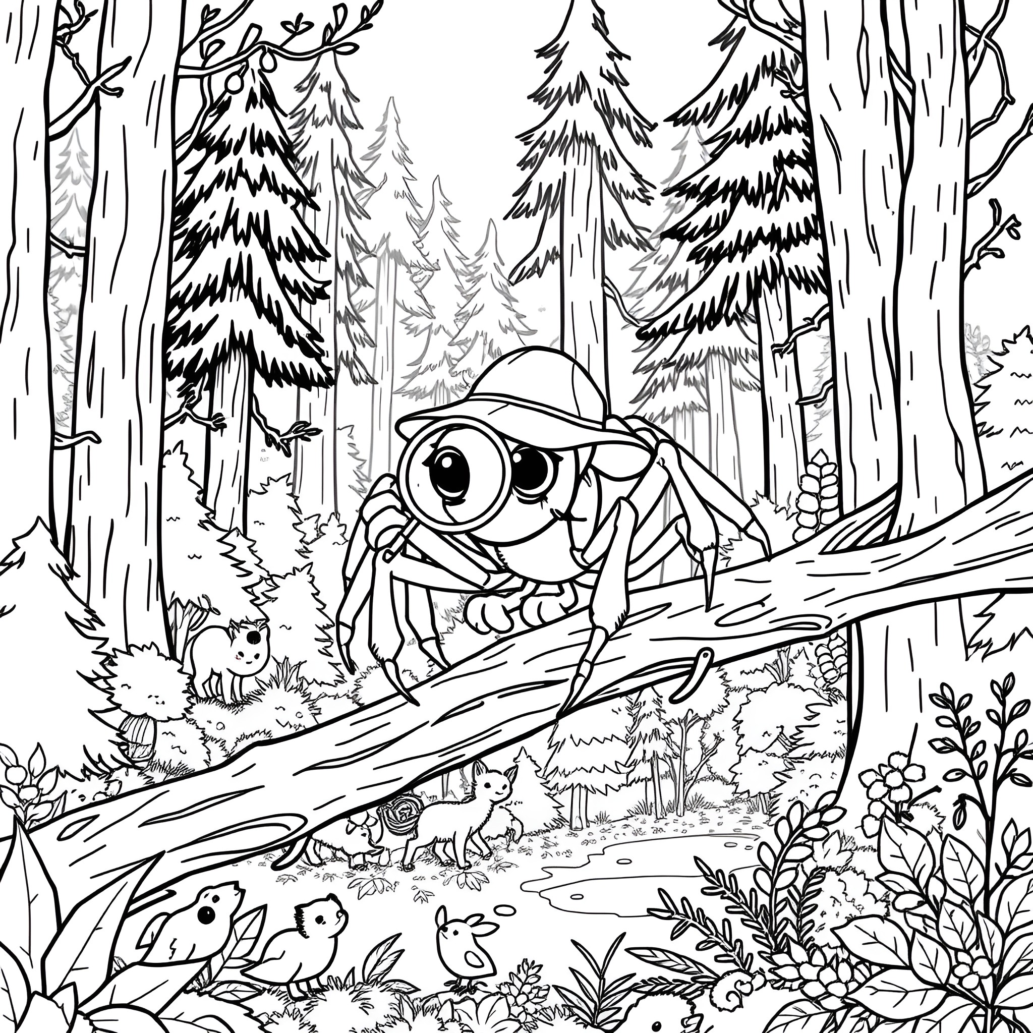 Spider exploring the magical forest Coloring Page (free black-and-white line drawing printable PDF for all, from beginners to advanced learners, including children, teens, adults, and seniors)