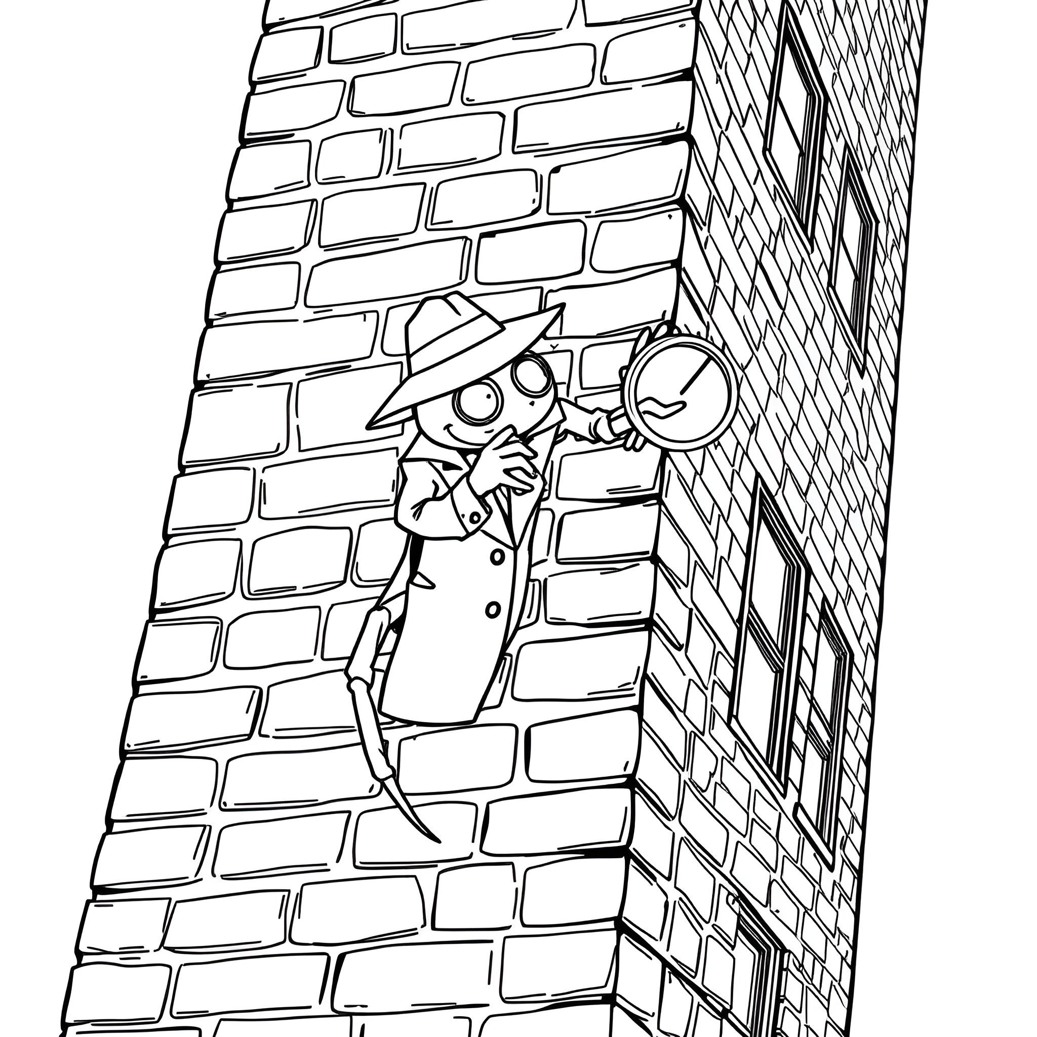 Spider-like Creature Scaling Brick Wall Coloring Page (free black-and-white line drawing printable PDF for all, from beginners to advanced learners, including children, teens, adults, and seniors)