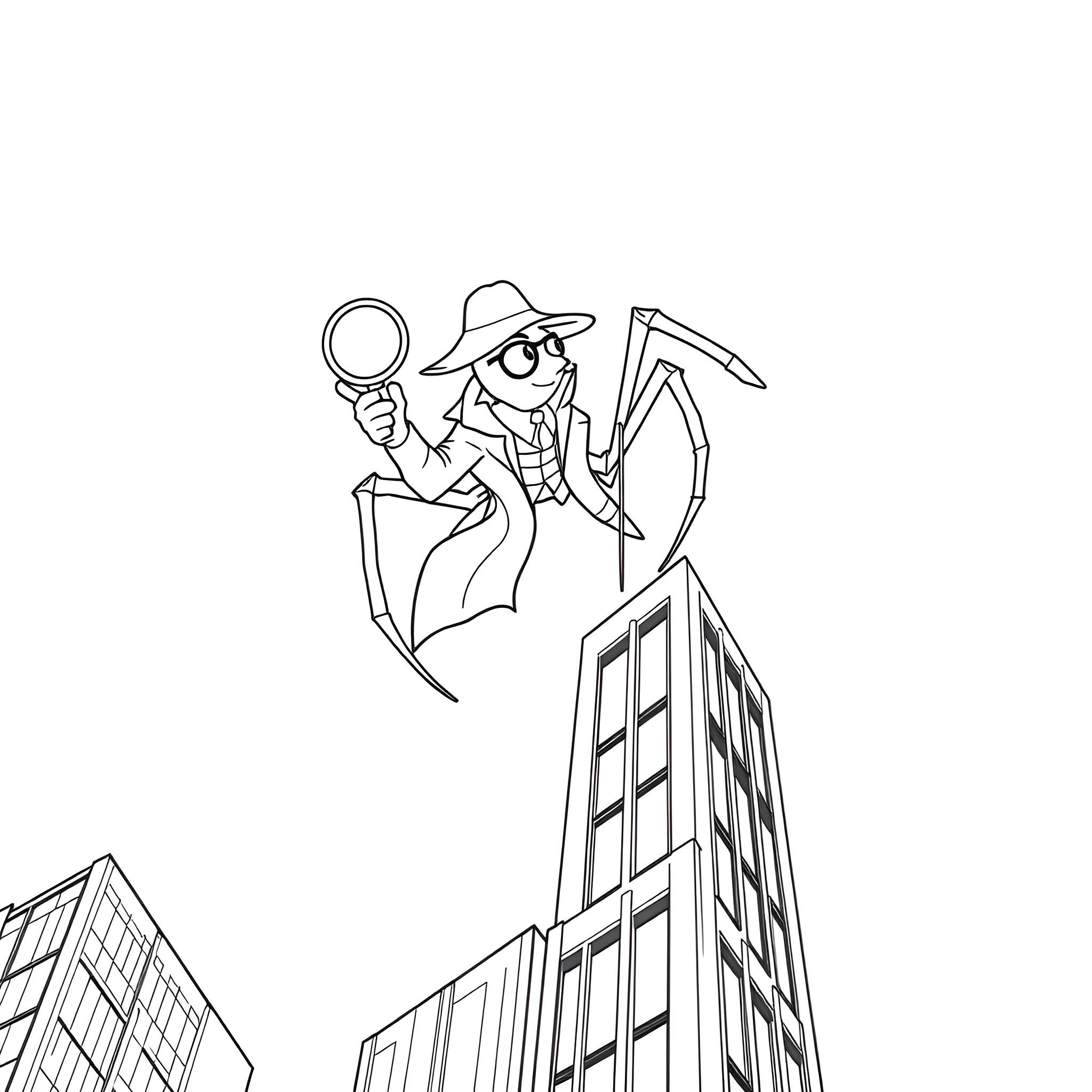 Spider-Man inspecting the city skyline with a magnifying glass Coloring Page (free black-and-white line drawing printable PDF for all, from beginners to advanced learners, including children, teens, adults, and seniors)