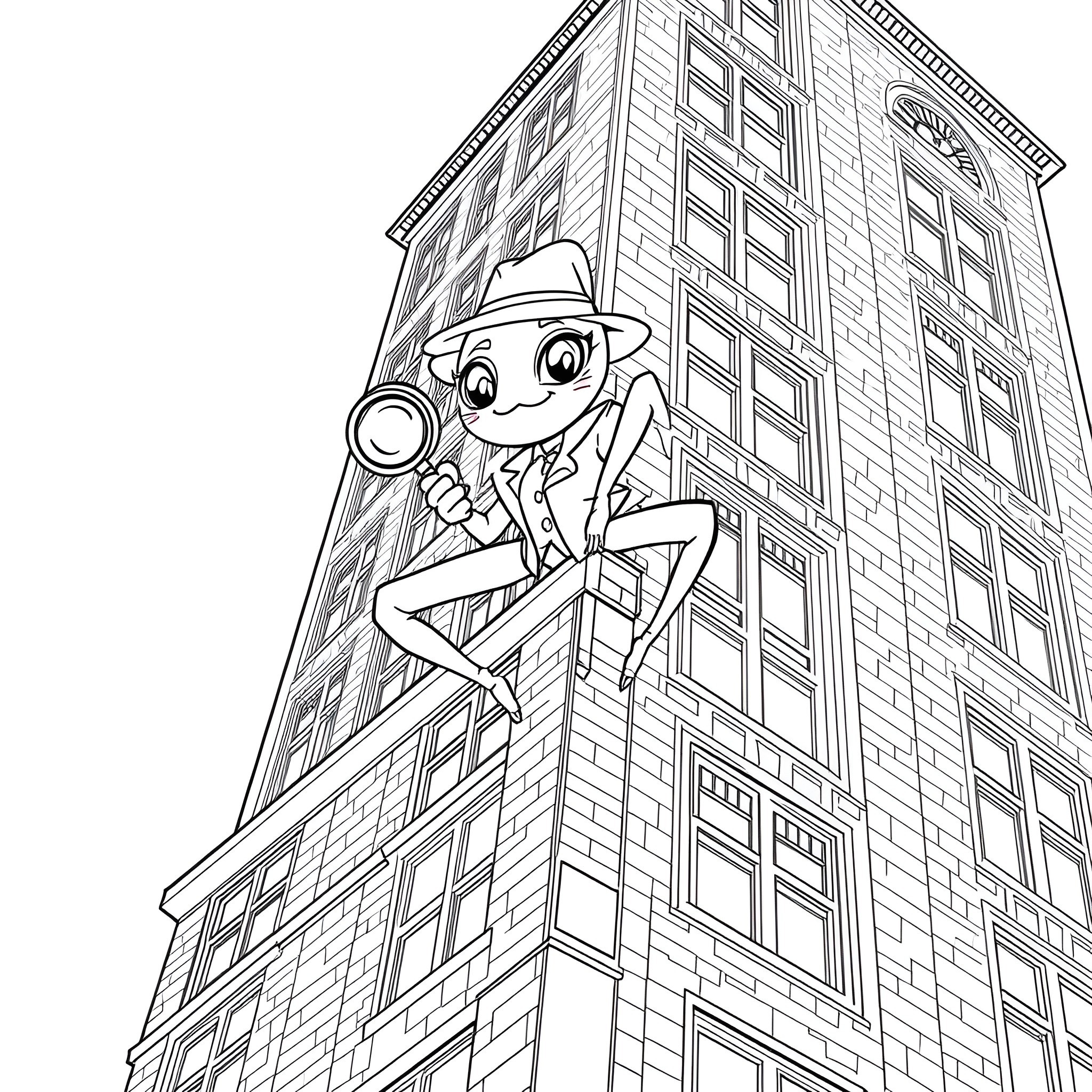 Spider exploring the city skyscraper Coloring Page (free black-and-white line drawing printable PDF for all, from beginners to advanced learners, including children, teens, adults, and seniors)